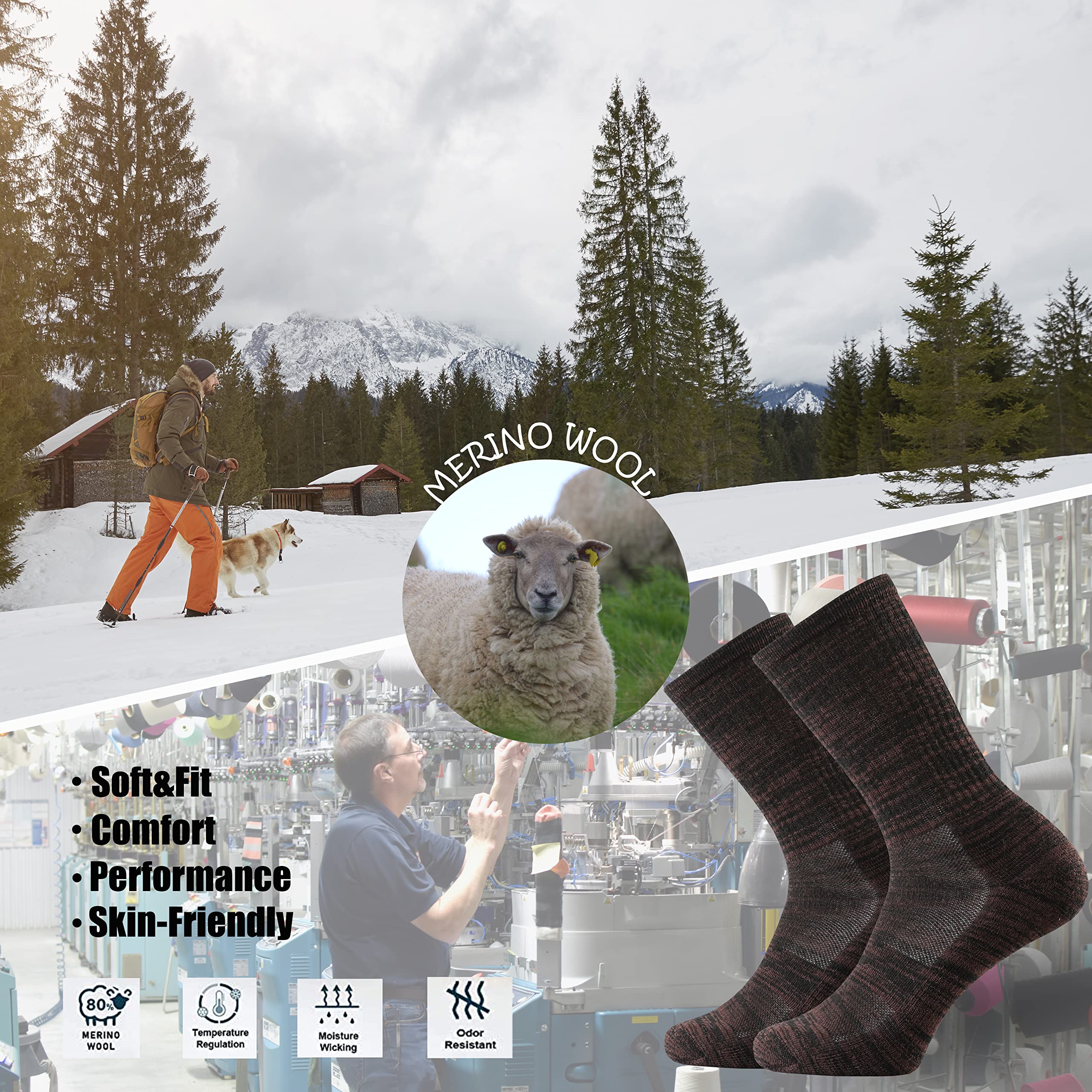 Ortis Men's Merino Wool Cushion Crew Socks - Moisture Wicking, Lightweight & Breathable for Hiking, Cycling & Outdoor Activities - Perfect for Trail Running, Camping & Winter Sports