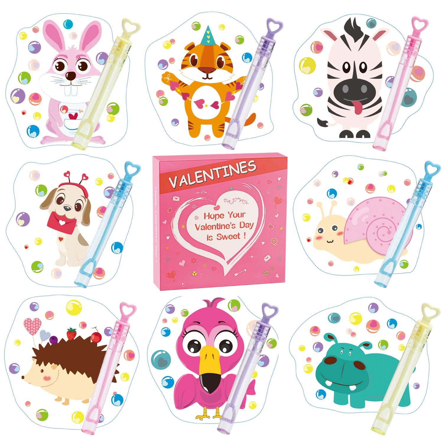 Valentine's Day Cards for Kids with 32 Bubble Wands - 8 Adorable Animal Designs, Classroom Valentines Gifts for School Exchange & Party Decorations | Perfect for Valentine's Day Celebrations, Classroom Activities & Kids' Parties