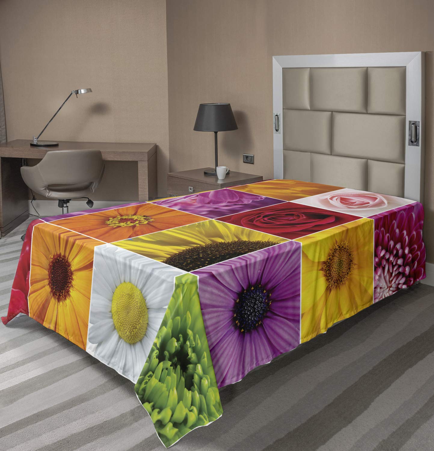 Ambesonne Floral Flat Sheet - TwinXL Size, Soft & Comfortable Top Sheet with Chrysanthemum Rose Sunflower Violet Design in Orange Yellow Pink | Perfect for Romantic Bedroom Decor, Bridal Bedding & Home Decoration