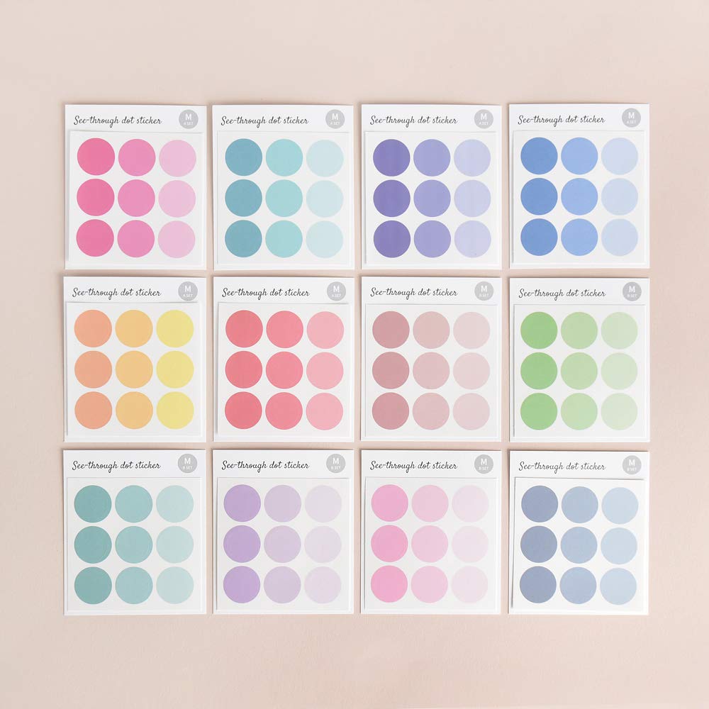 Monolike Circle Stickers - 36 Sheets Medium Size See Through Dot Stickers Set (12 Styles) - Perfect for Planners, Bullet Journals, Scrapbooking & DIY Crafts