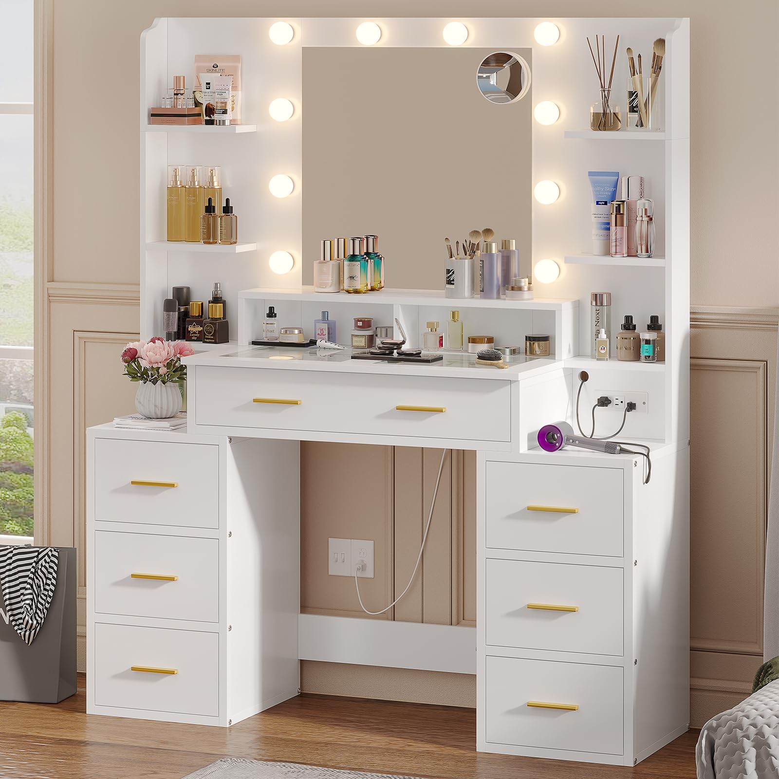 White Glass Top Vanity Desk with LED Lights & Charging Station - 10x Magnifying Mirror, 8 Drawers, Acrylic Organizers - Perfect Makeup Vanity for Bedroom, Dressing Room & Beauty Salon