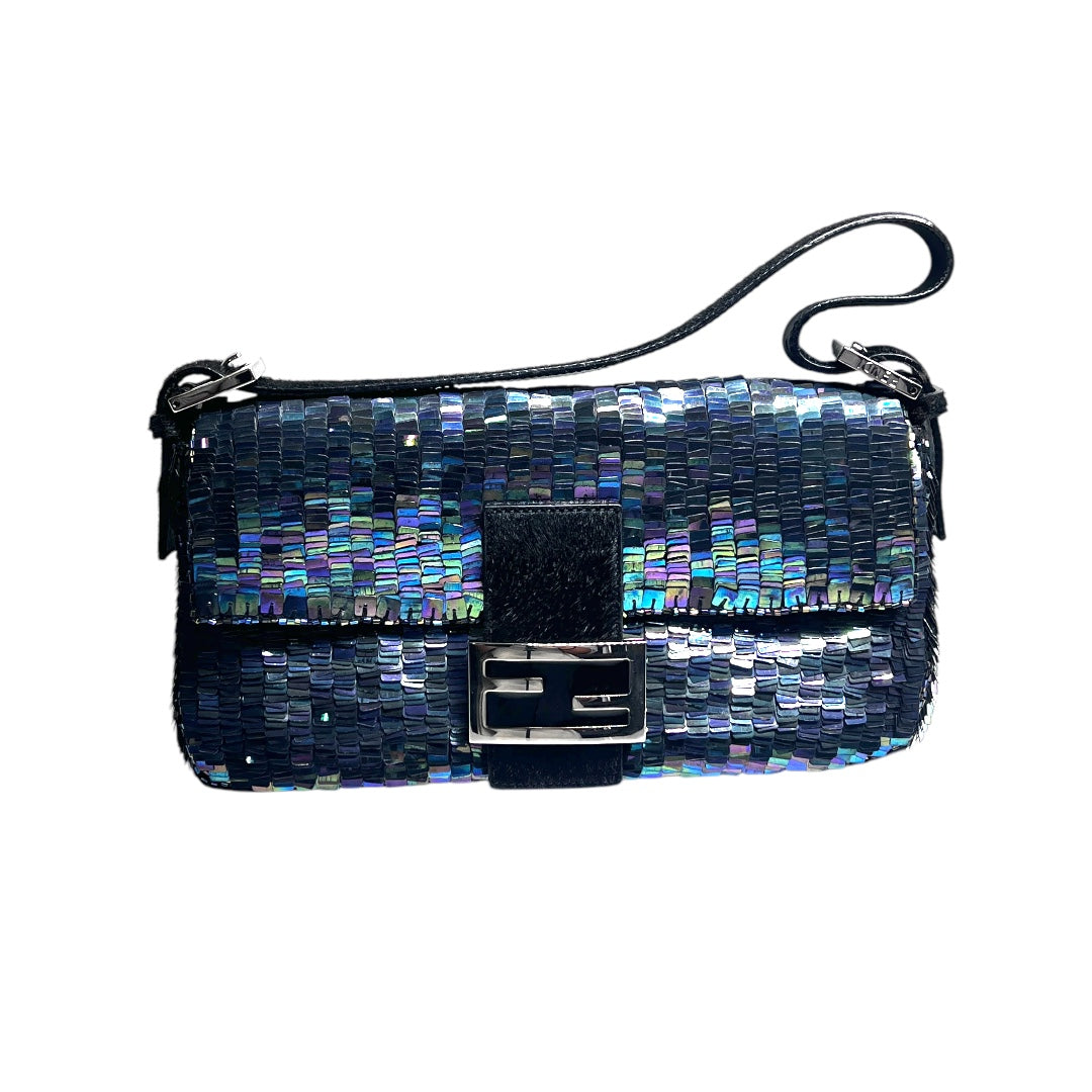 Vintage Fendi Black Iridescent Sequin Baguette Bag - Luxury Evening Clutch for Parties, Weddings & Special Occasions
