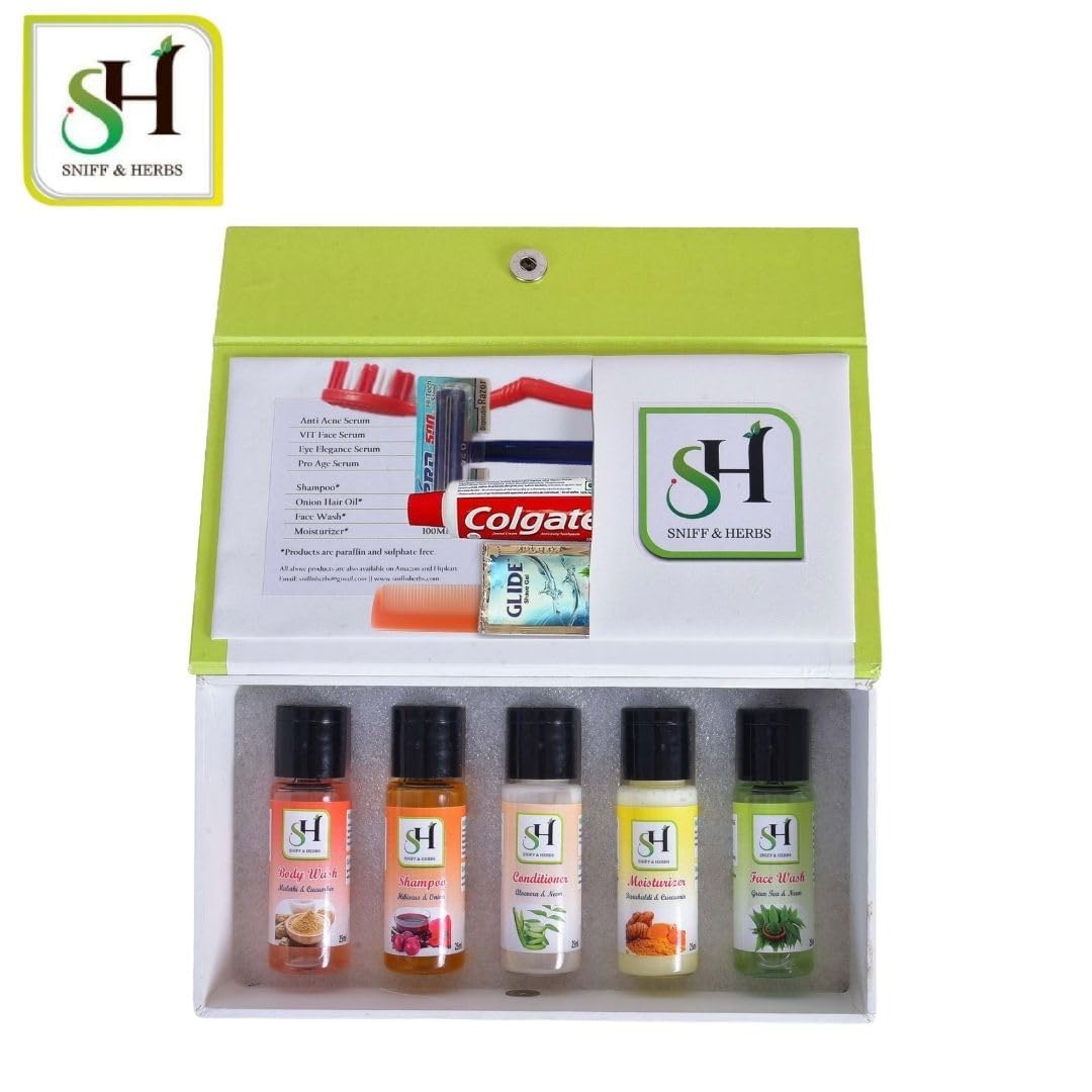 SNIFF & HERBS 10-Piece Travel Toiletries Set for Men & Women - Shampoo, Body Wash, Face Wash, Moisturizer, Conditioner, Toothpaste, Toothbrush, Shaving Gel, Razor, Comb & Travel Bag | Premium Hotel Guest Amenities Kit | Ideal for Travel, Gifts & Hospitality Use