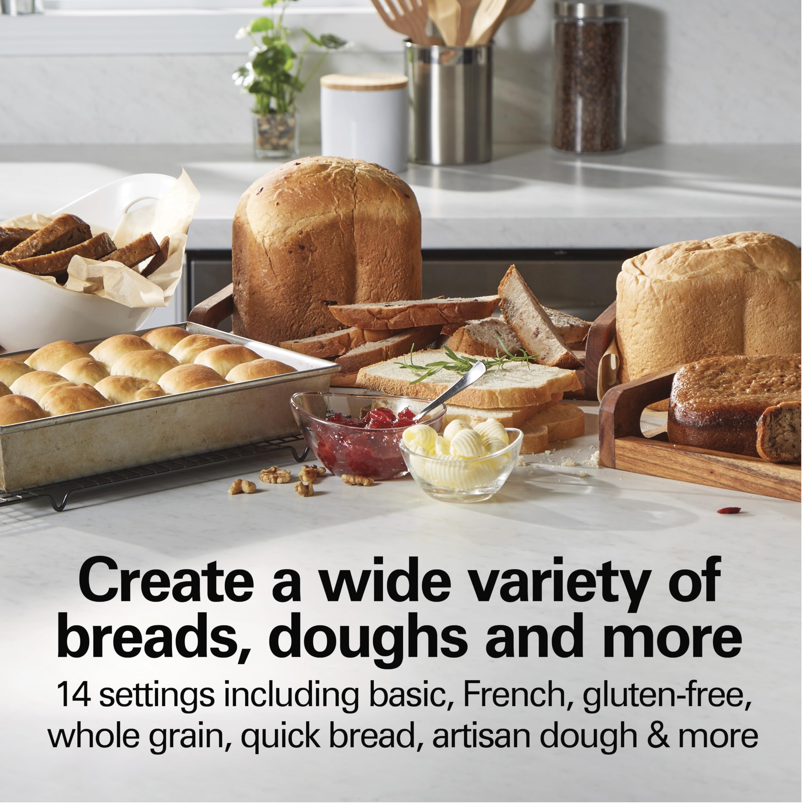 Hamilton Beach 2 lb Digital Electric Bread Maker Machine - Artisan & Gluten-Free Bread, 14 Preset Programs, White & Stainless Steel (Model 29987) - Perfect for Home Baking, Gifts, and Healthy Eating