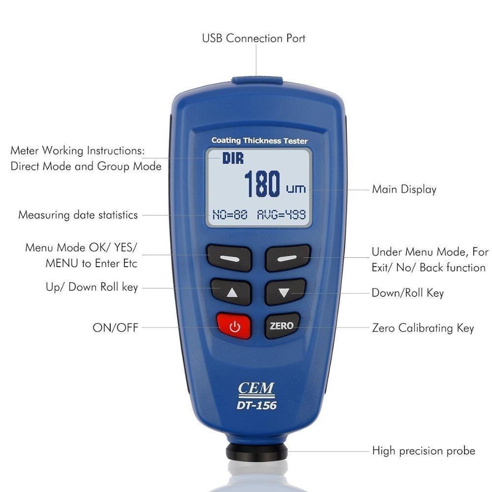 CEM DT-156 Pro Digital Paint Coating Thickness Gauge Meter - Auto F/NF Probe Tester (0-1250μm) for Automotive, Metal & Industrial Use - Perfect for Car Paint, Powder Coating & Anodizing Measurement