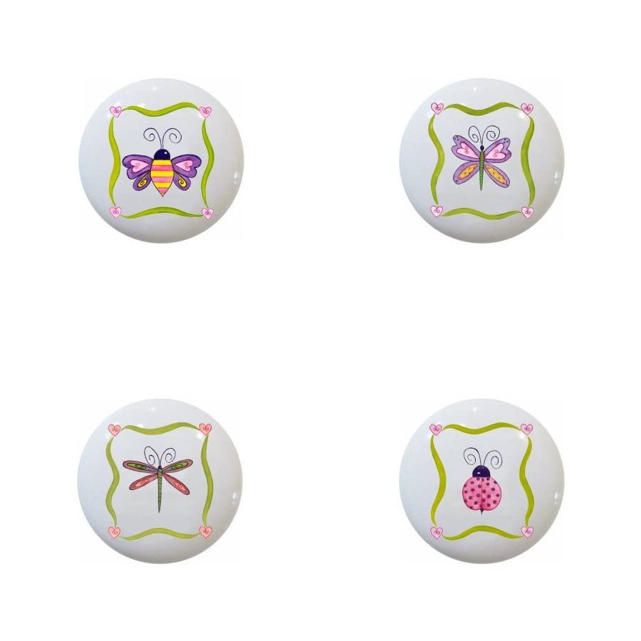 Set of 4 Glossy Ceramic Cabinet Knobs - Lovebugs Collection (Bee, Butterfly, Dragonfly, Ladybug) - Perfect for Dresser Drawers, Cabinets & Home Decor
