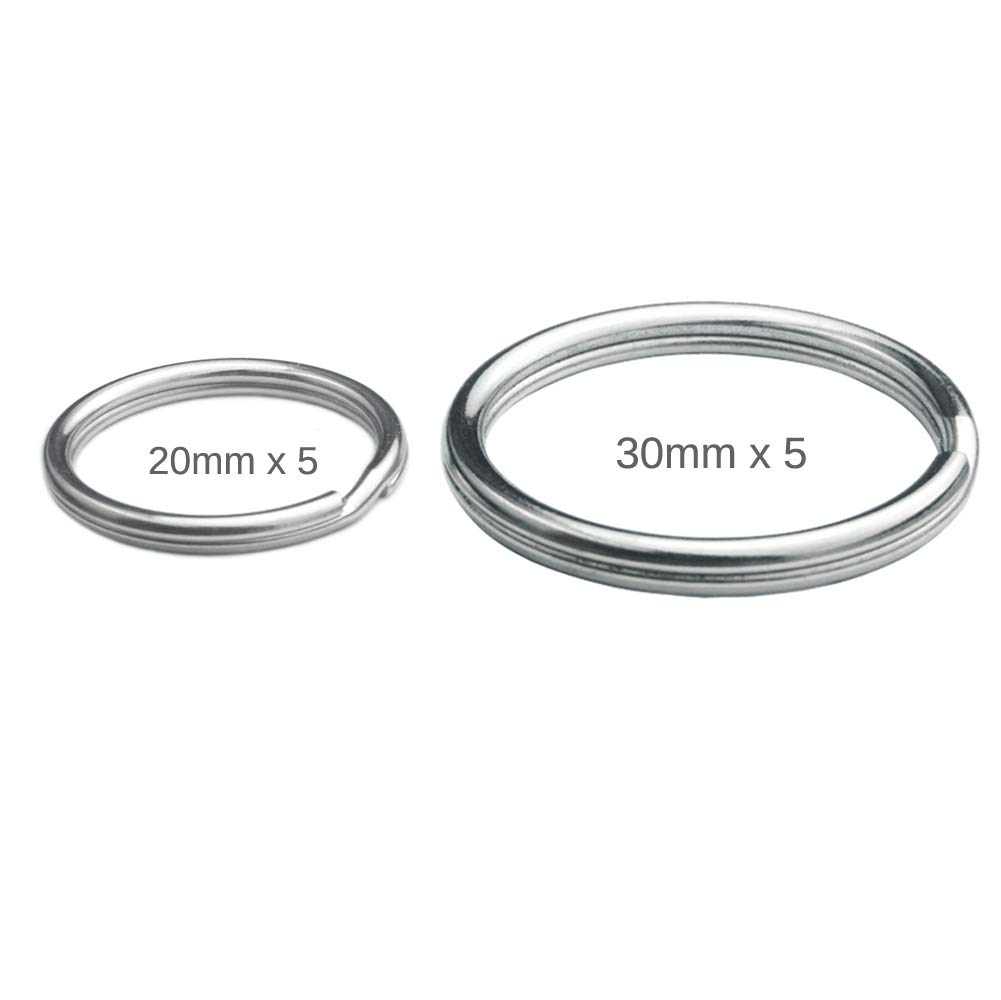 Premium 316 Marine Grade Stainless Steel Key Ring - Heavy Duty Split Ring Keychain for Scuba Gear, BCD Attachment, Boat Keys & Outdoor Equipment (20mm x5 + 30mm x5) - Ideal for Diving, Sailing, Fishing & Adventure Activities