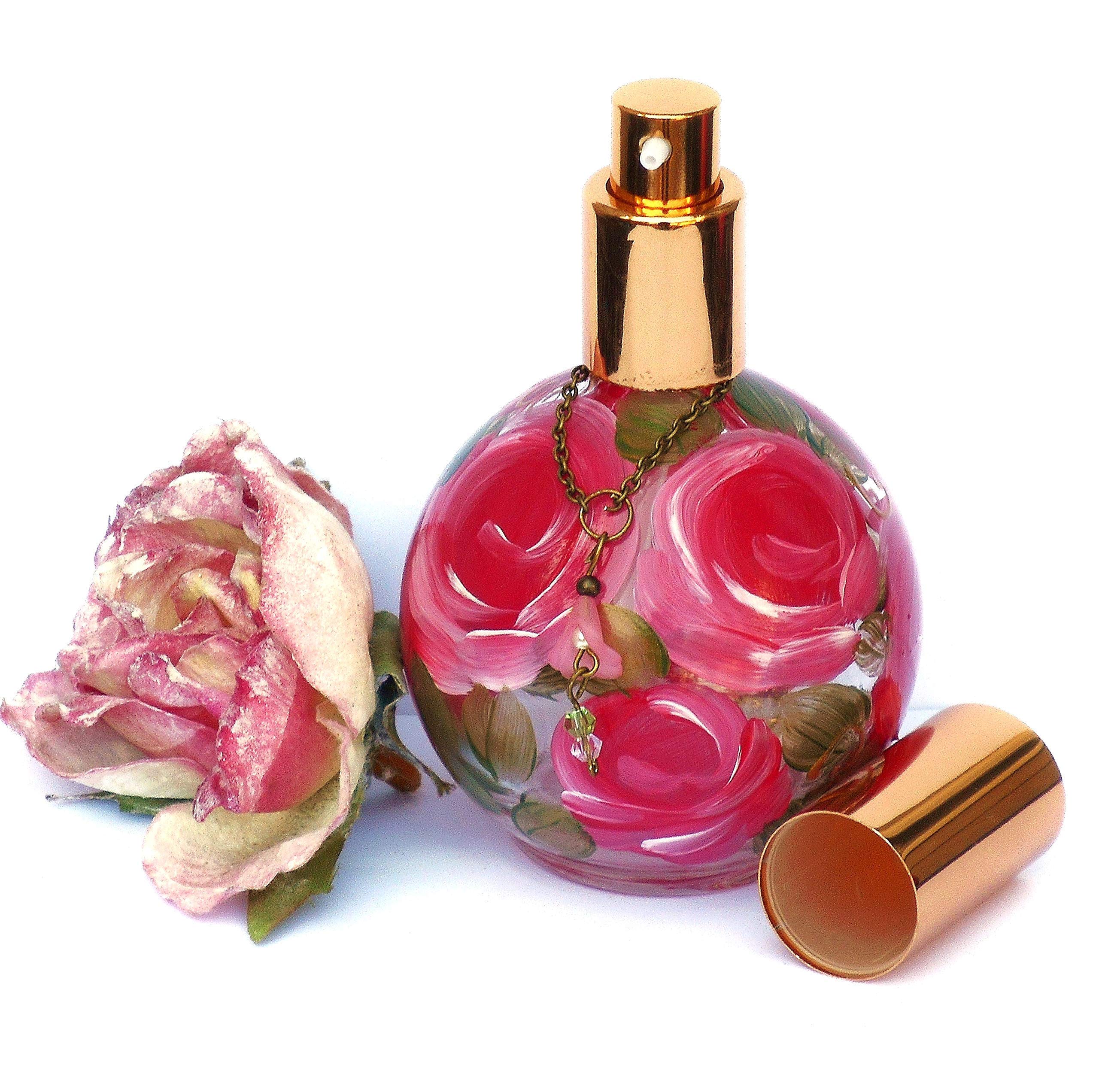 Hand Painted Pink Roses Glass Perfume Bottle with Pump - Romantic Round Soap Dispenser for Bathroom Decor | Shabby Chic Vanity Organizer, Gift for Her, Home Fragrance Essential Oil Sprayer