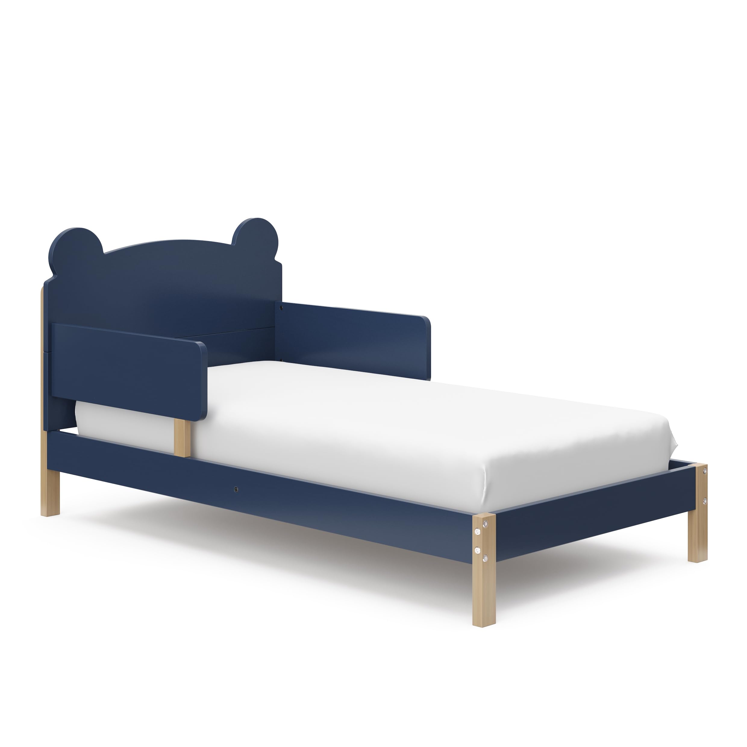 Storkcraft Teddy Bear Toddler Bed - GREENGUARD Gold Certified, Midnight Blue & Driftwood 2-Tone Design with Safety Guardrails | Fits Standard Crib & Toddler Mattress | Perfect for Nursery, Kids Room & Daycare Centers