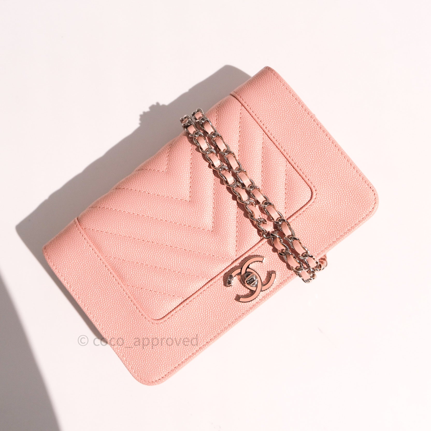 Chanel Chevron Wallet on Chain WOC Rose Gold Caviar Leather with Silver Hardware - Perfect for Evening Events & Luxury Fashion Accessories