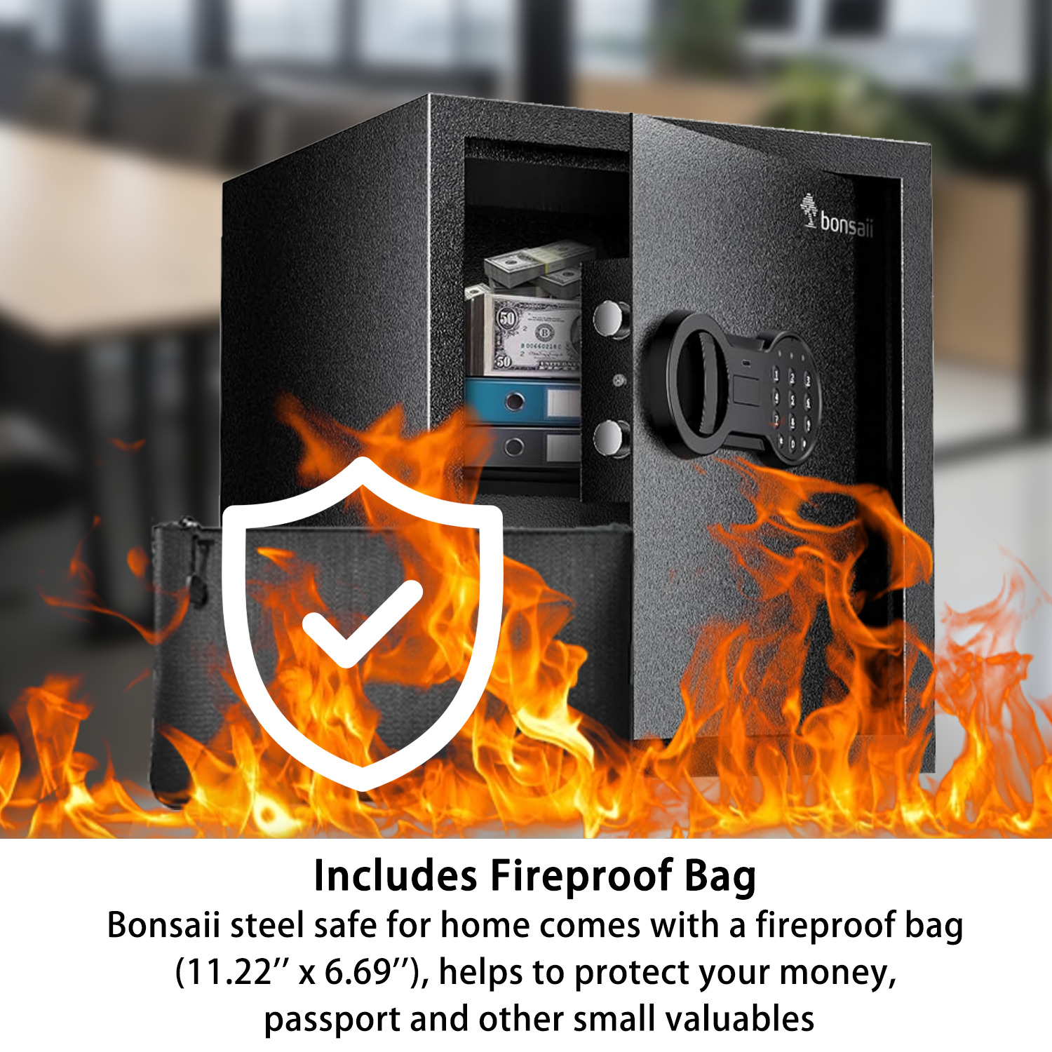 Bonsaii 1.28 Cubic Feet Large Digital Security Safe Box with Keypad Lock - Fireproof Home Safe for Money, Documents, Jewelry & Valuables - Removable Shelf & Money Bag Included (12.99 x 14.17 x 12.99 Inches) - Perfect for Home, Office & Travel Use