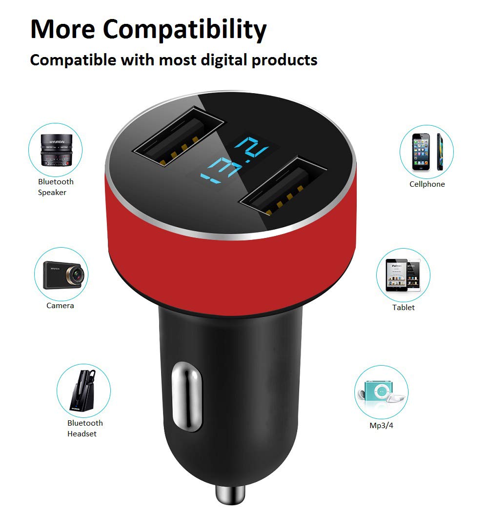 Dual USB Car Charger 4.8A Fast Charging - 12V/24V Cigarette Lighter Adapter with Voltage Meter - Compatible with iPhone, iPad, Samsung Galaxy, LG, Google, Red - Perfect for Road Trips & Daily Commute
