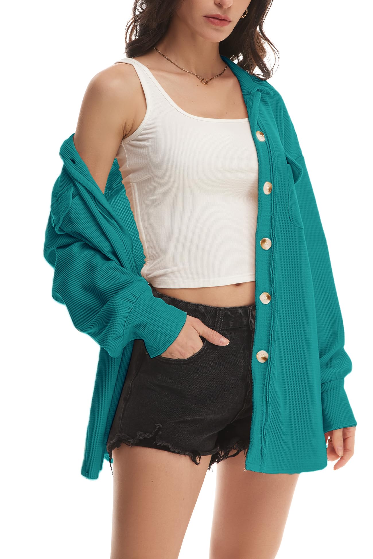 Nirovien Women's Waffle Knit Shacket - Oversized Button Down Shirt Jacket for Women | Lightweight Spring Outfits & Casual Clothes | Perfect for Layering, Outdoor Activities & Everyday Wear