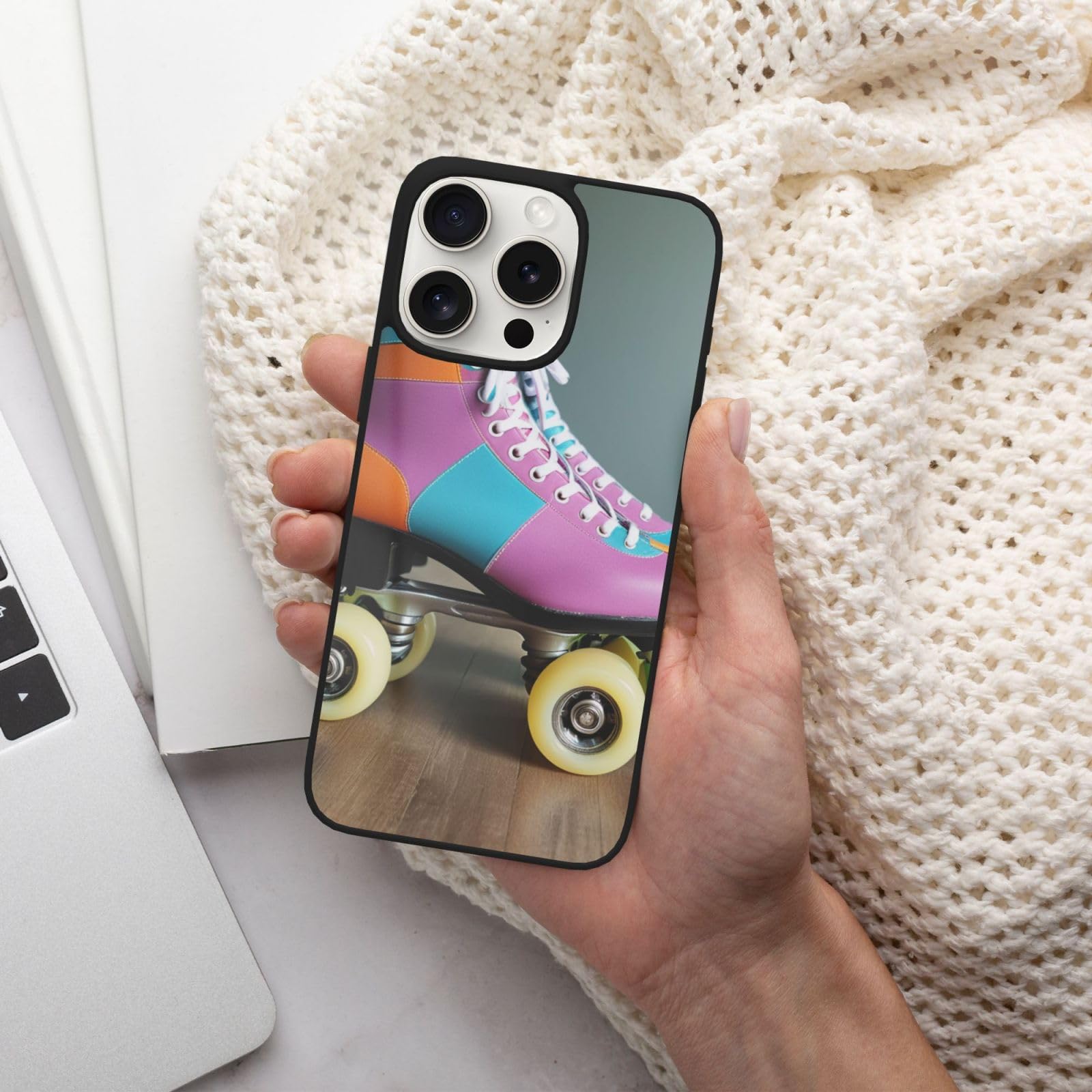 Retro Roller Skates Colorful Printed iPhone 15 Pro Max Case - Soft Glass Upgrade with Camera Protection (6.7/6.1 Inch) | Durable Protective Phone Cover for Everyday Use, Travel & Outdoor Activities