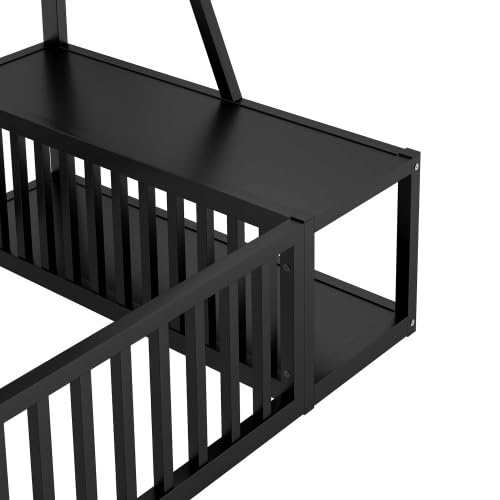 Kids Floor Bed with Safety Fence - Twin Size Metal Loft Bed with Built-in Desk & Storage Shelves for Children's Room - Black - Perfect for Small Spaces & Montessori Bedrooms