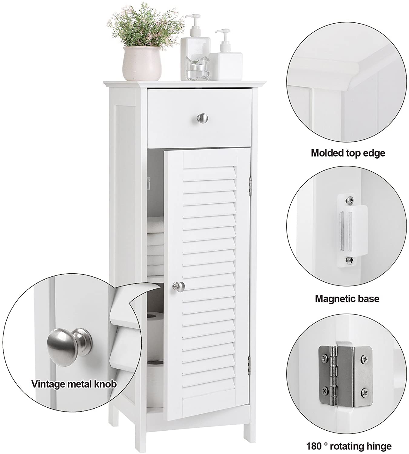 White Wooden Bathroom Floor Cabinet with Drawer & Shutter Door - Storage Organizer Set for Towels, Toiletries & Bath Essentials | Space-Saving Bathroom Furniture for Small Spaces