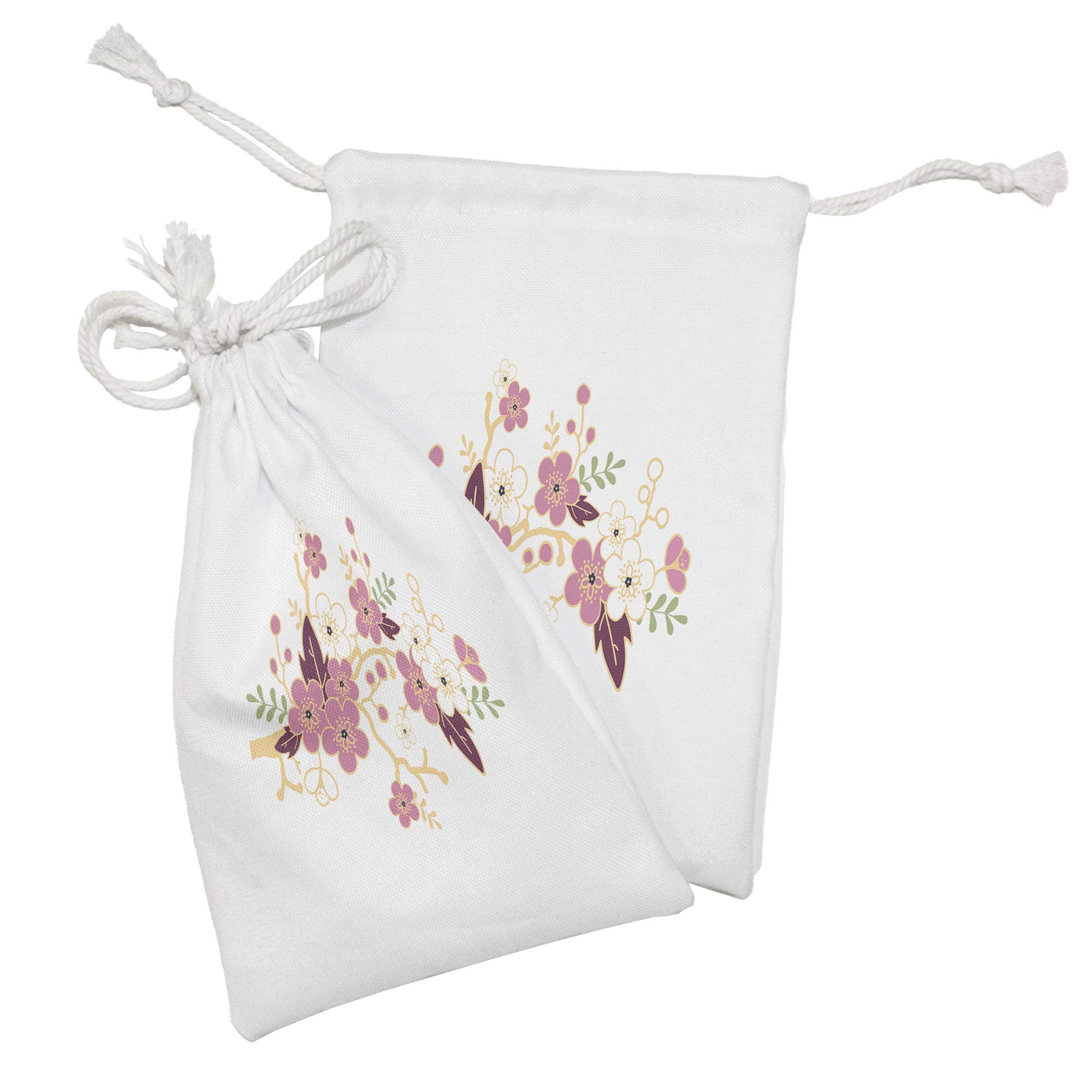 Ambesonne Almond Blossom Fabric Pouch Set of 2 - Japanese Garden Inspired Floral Drawstring Bags (9