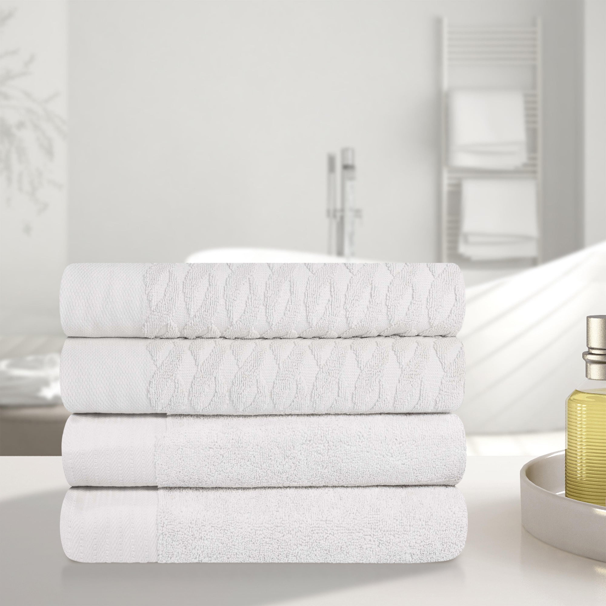 Premium Turkish Cotton Jacquard Herringbone & Solid 4-Piece Bath Towel Set - Ultra Soft & Absorbent Luxury Towels for Spa, Bathroom & Guest Use