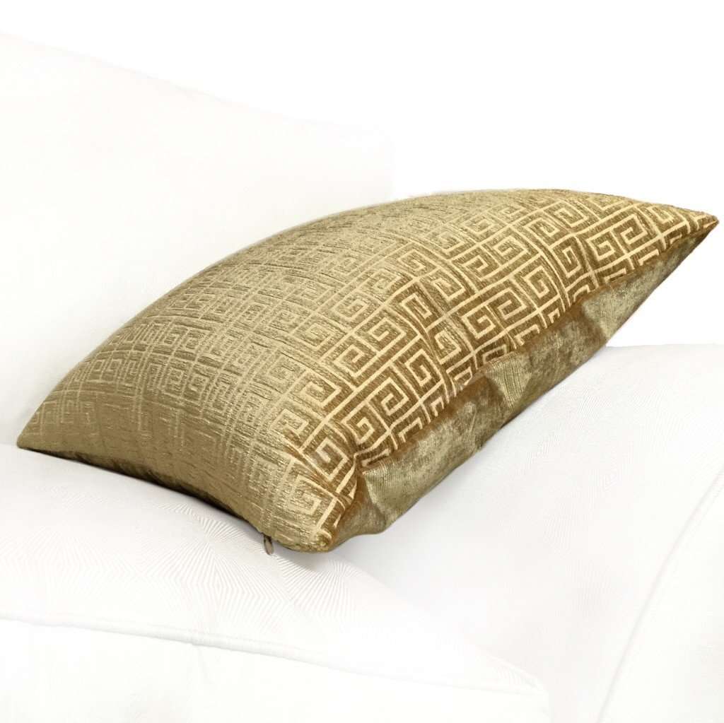 Robert Allen Plush Greek Keys Gold Sand Beige Velvet Chenille Pillow Cover - Elegant Decorative Throw Pillow for Sofa, Bed & Home Decor