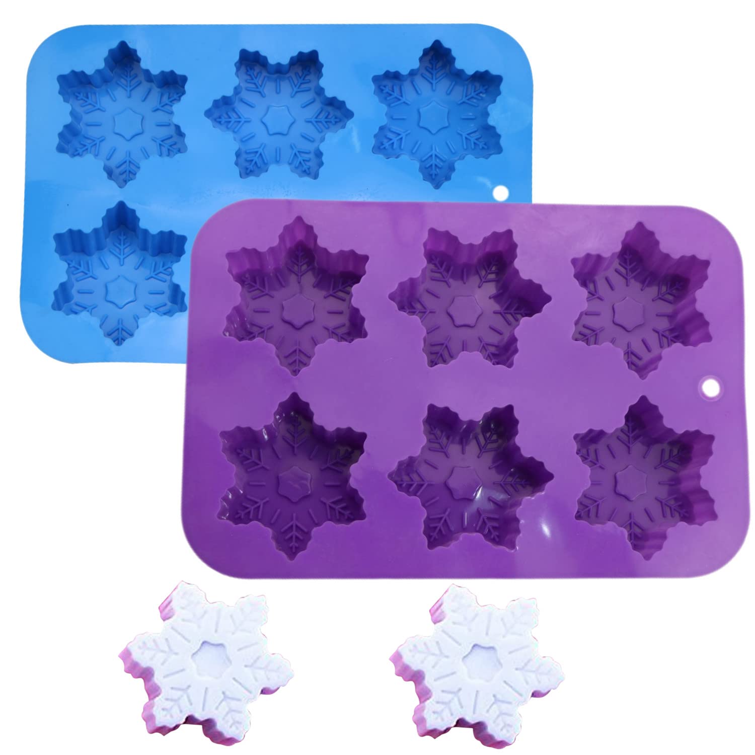 Snowflake Silicone Molds 2-Pack - Premium Baking Molds for Cakes, Cookies, Soap Making, Chocolate, Pudding & Jelly - Non-Stick Flexible Muffin Cups - Blue & Purple Kitchen Decor for Christmas Baking & DIY Crafts