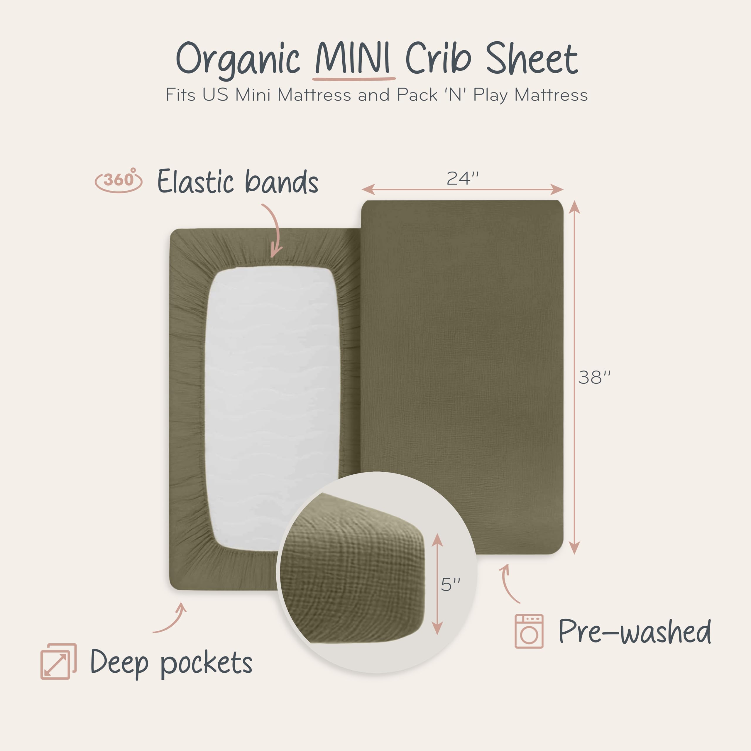 Huxie 100% Organic Muslin Mini Crib Sheets - Super Soft Baby Bedding 24