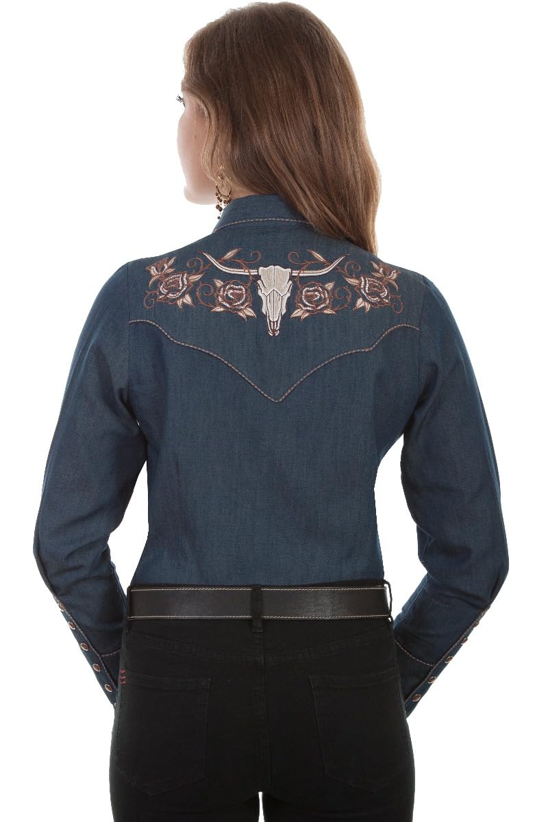 Scully Embroidered Roses & Longhorn Skull Snap Front Western Shirt for Men - PL872 DEN - Perfect for Country Music Festivals, Rodeos & Western Fashion