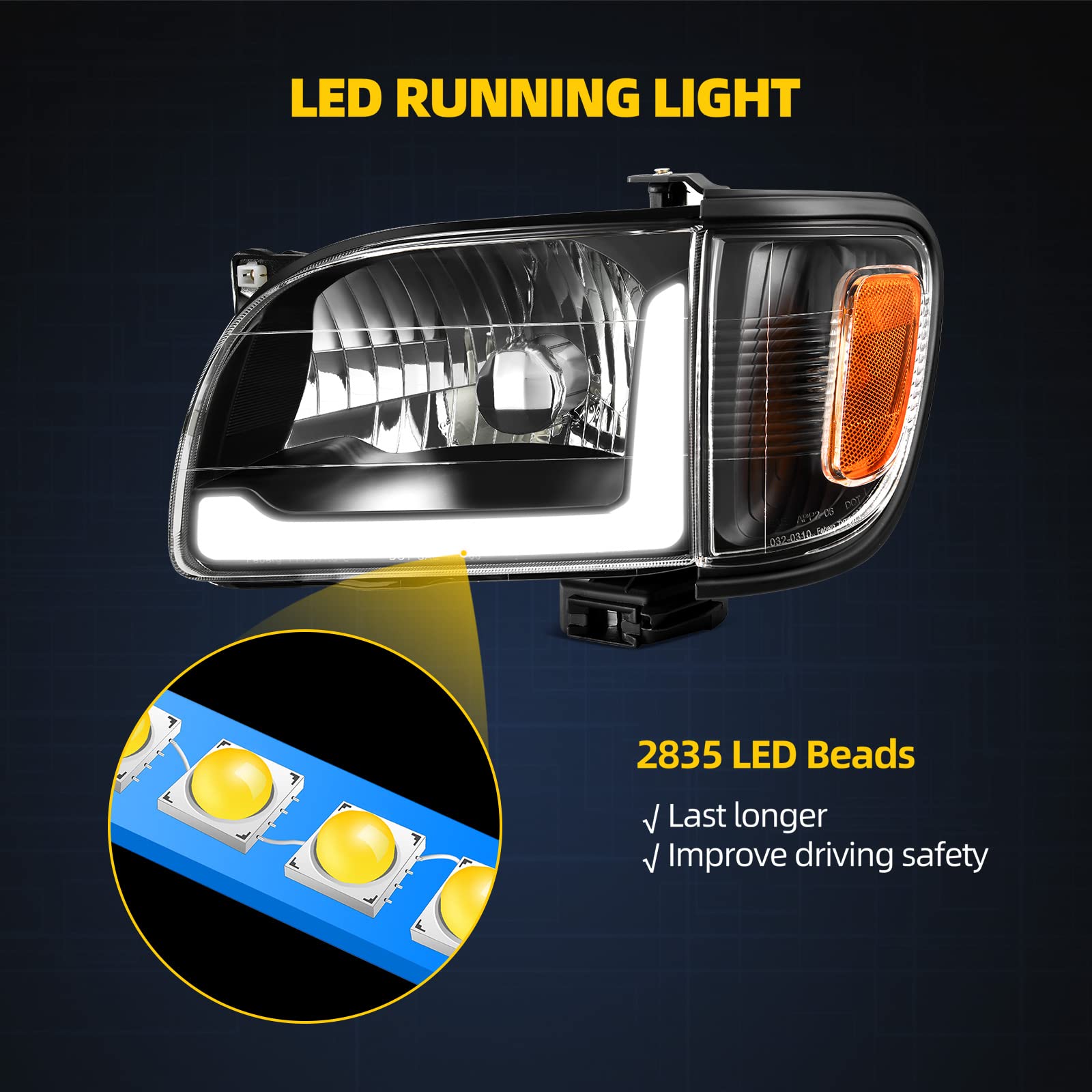DWVO LED Headlight Assembly Compatible with 2001-2004 Toyota Tacoma - Black Housing Clear Lens Replacement Headlights with Bumper Lights - Perfect for Night Driving & Off-Road Adventures