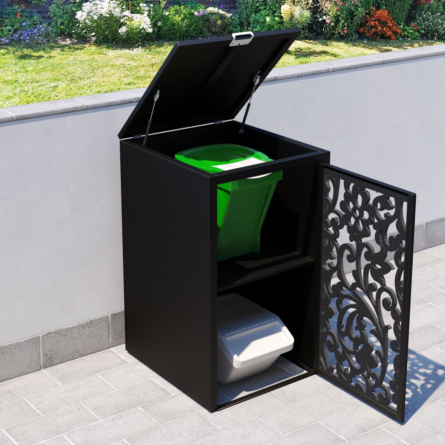 Black 2 Bin Storage Cabinet with Eden Door Screen - Perfect for Kitchen, Bathroom, and Garage Organization