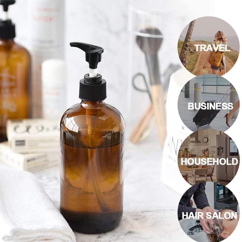 R K Bottles 300ml Amber Glass Bottle with Black Pump Dispenser - 2 Pack Refillable Empty Bottles for Essential Oils, Lotions & DIY Beauty Products | Home, Salon & Travel Use