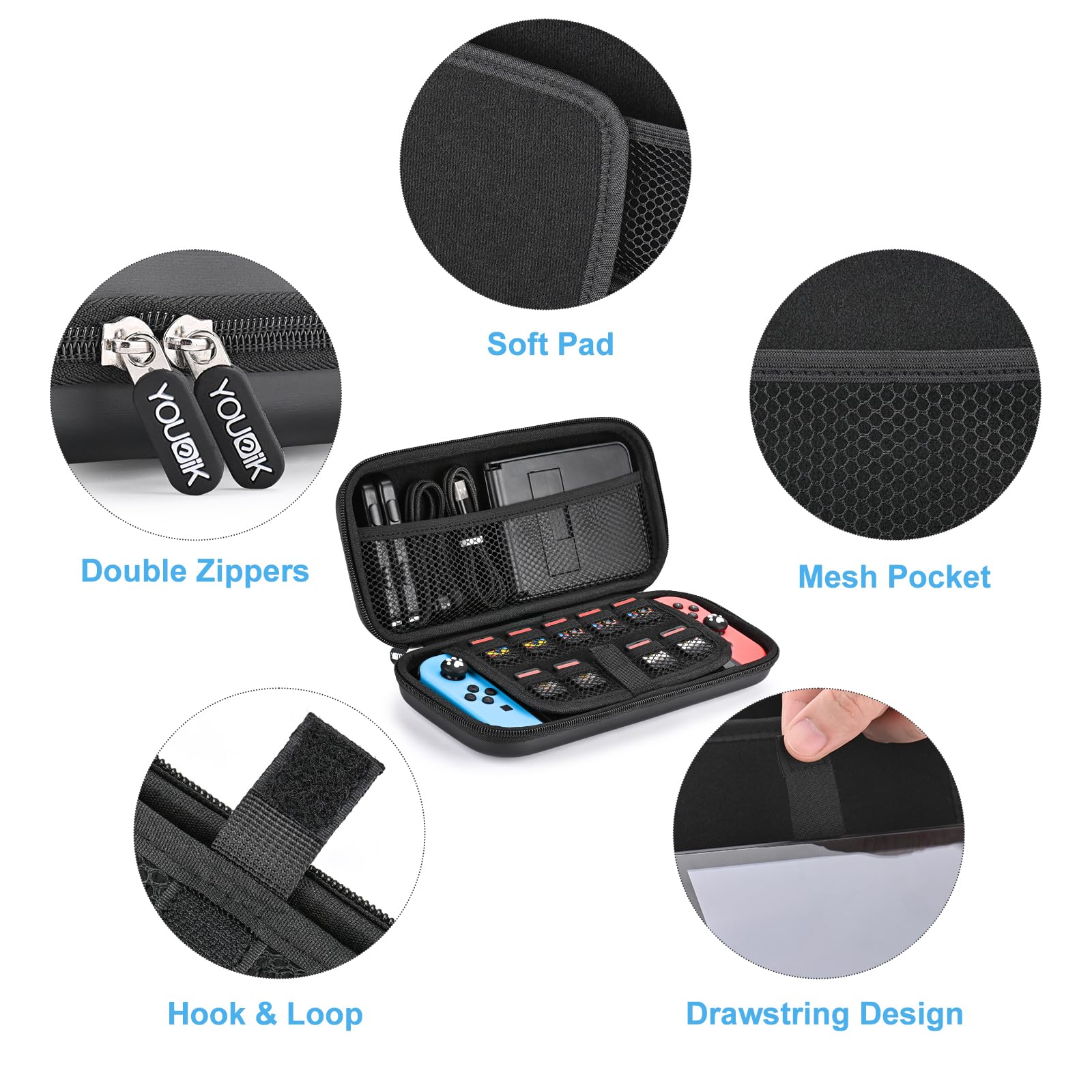 Younik 11-in-1 Nintendo Switch & Switch OLED Accessories Kit - Protective Carrying Case, Thumb Grips, Cute Stickers & Pendant for Gaming On-The-Go, Travel & Home Entertainment