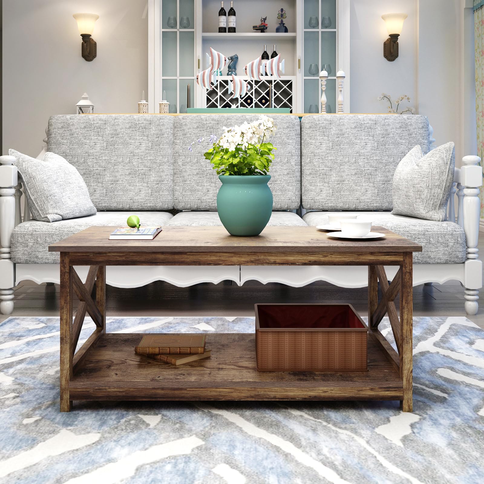 Rainbow Sophia Coffee Table - 40 Inch Modern Farmhouse Wood Coffee Table with 2-Tier Storage, Rustic Style - Perfect for Living Room, Lounge, and Home Decor