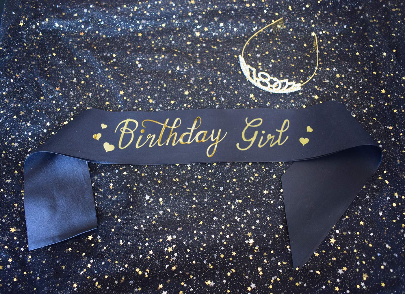 18th Birthday Gold Tiara & Glitter Sash Set - Crystal Princess Crown & Birthday Girl Sash for Sweet 16, Quinceañera, Prom - Perfect for Birthday Parties, Photo Shoots & Special Celebrations