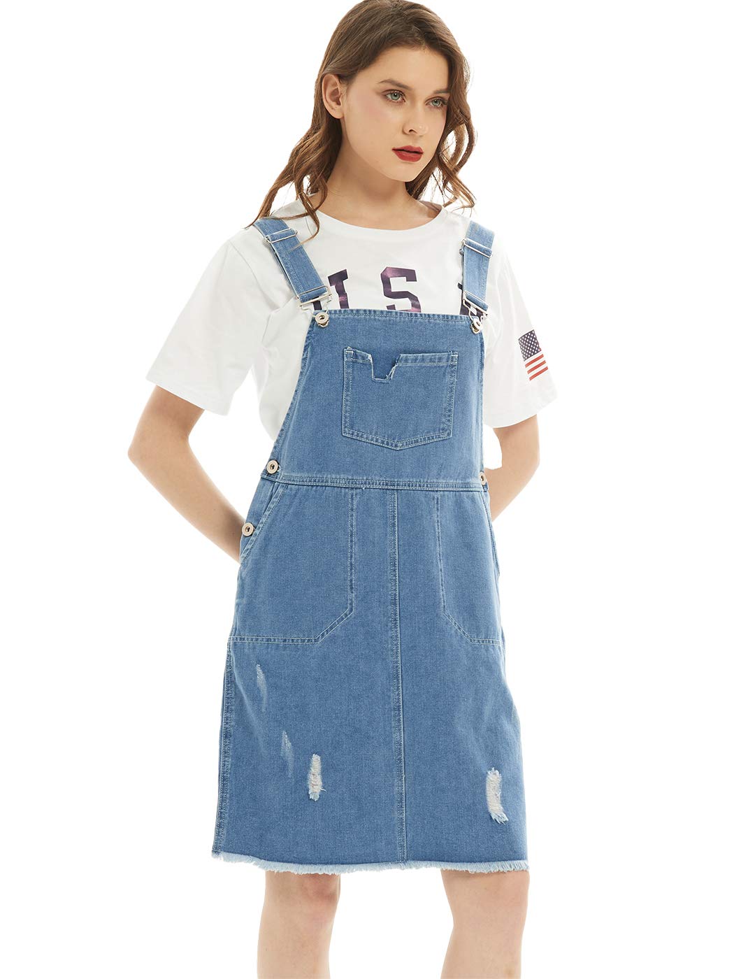 Anna-Kaci Junior Women's Distressed Denim Short Overall Dress - Vintage Bib Pinafore Jumper for Teens & Young Adults | Perfect for Casual Outings, Music Festivals & Summer Street Style