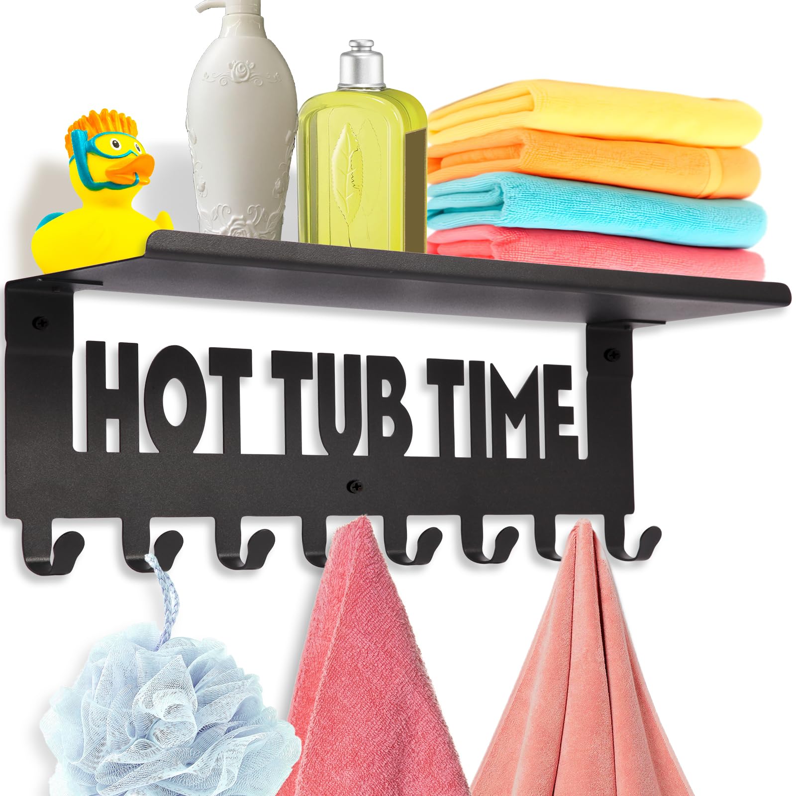 Premium Wall Mounted Towel Rack with Shelf - 8 Hooks for Bathroom, Spa & Outdoor Use - Organizer for Towels, Robes & Coats - Perfect for Home, Hotel, Hot Spring & Pool Areas (Black) - Durable & Stylish Bathroom Decor Accessory