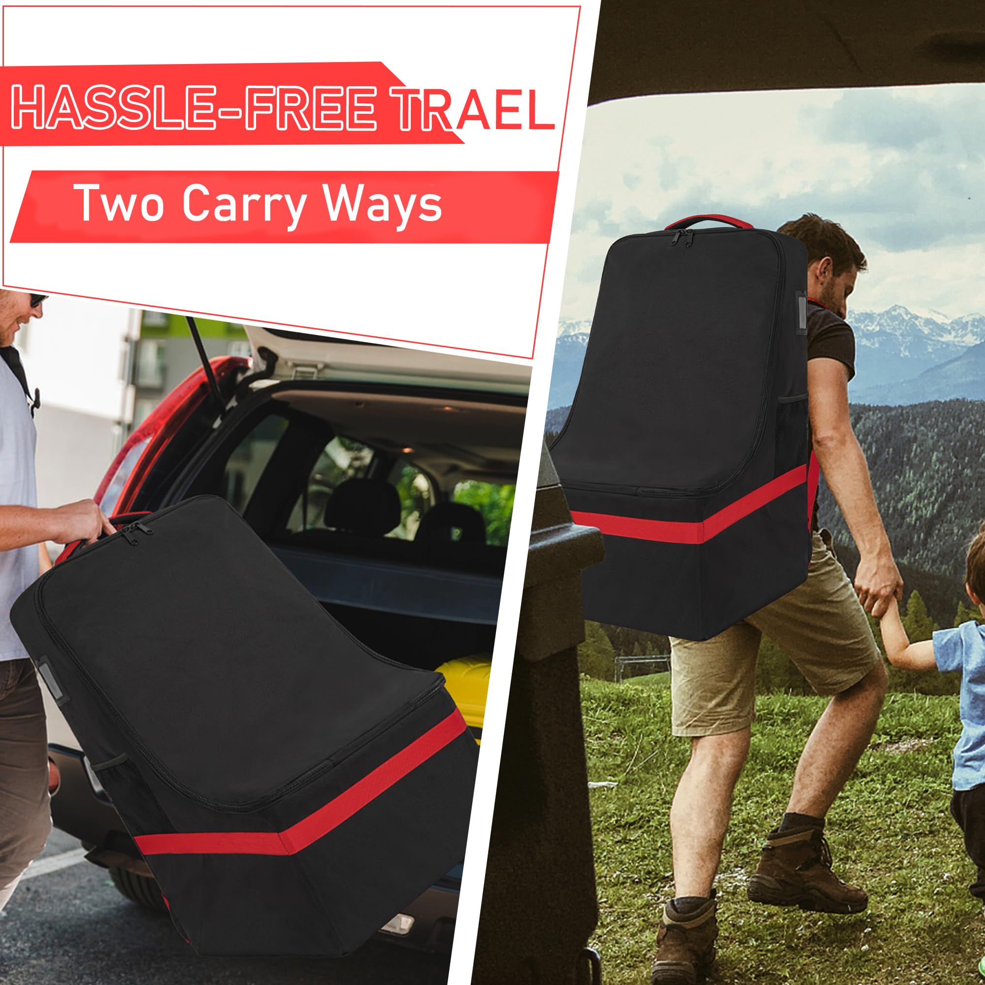 Heavy Duty Car Seat Travel Bag for Airplane Gate Check - Black & Red Car Seat Backpack with Adjustable Shoulder Strap | Perfect for Air Travel, Road Trips & Baby Gear Storage