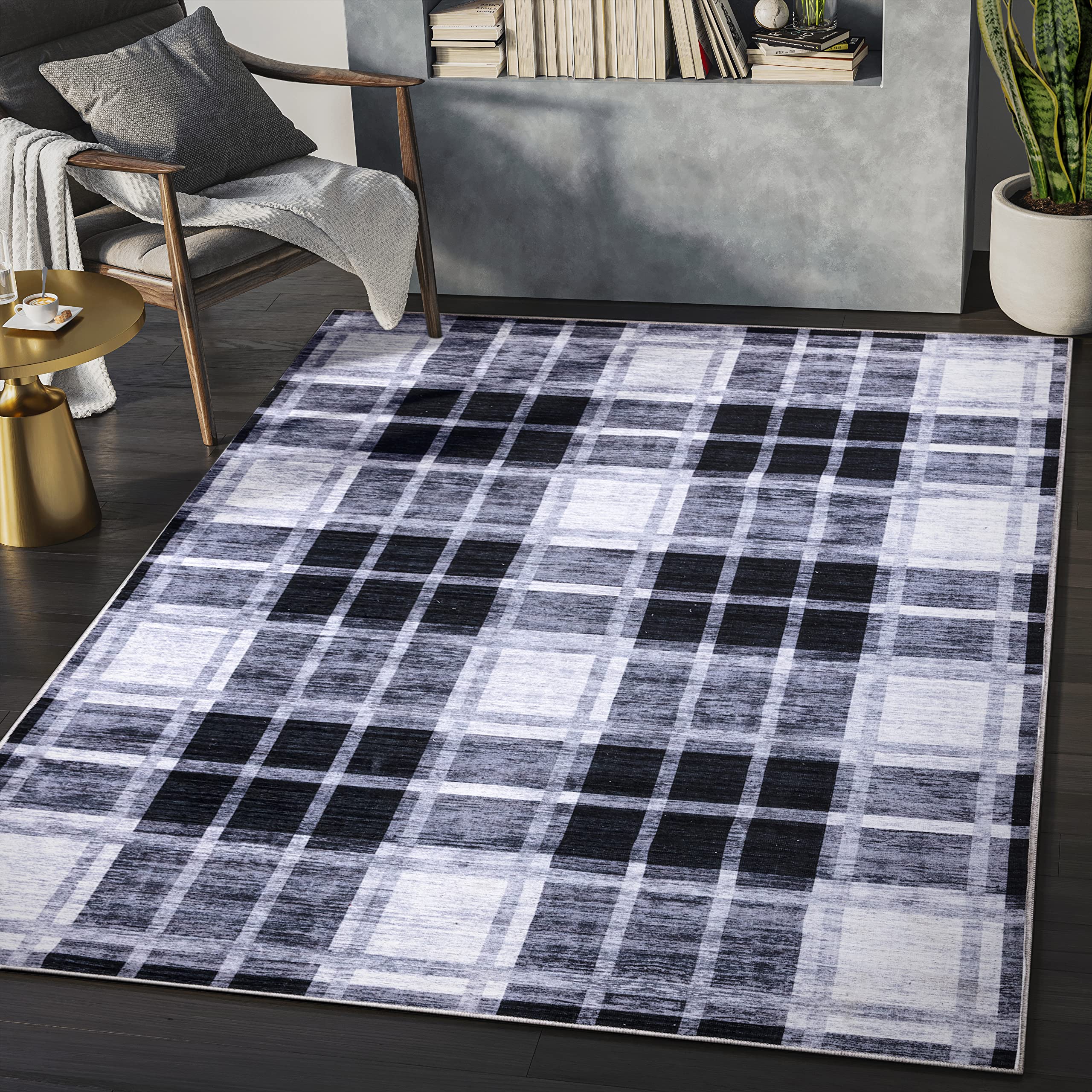 Abani 5' x 8' Farmhouse Plaid Area Rug - Cream Grey Polypropylene Non-Shedding Stain Resistant Washable Indoor Rug for Living Room, Bedroom & Dining Room