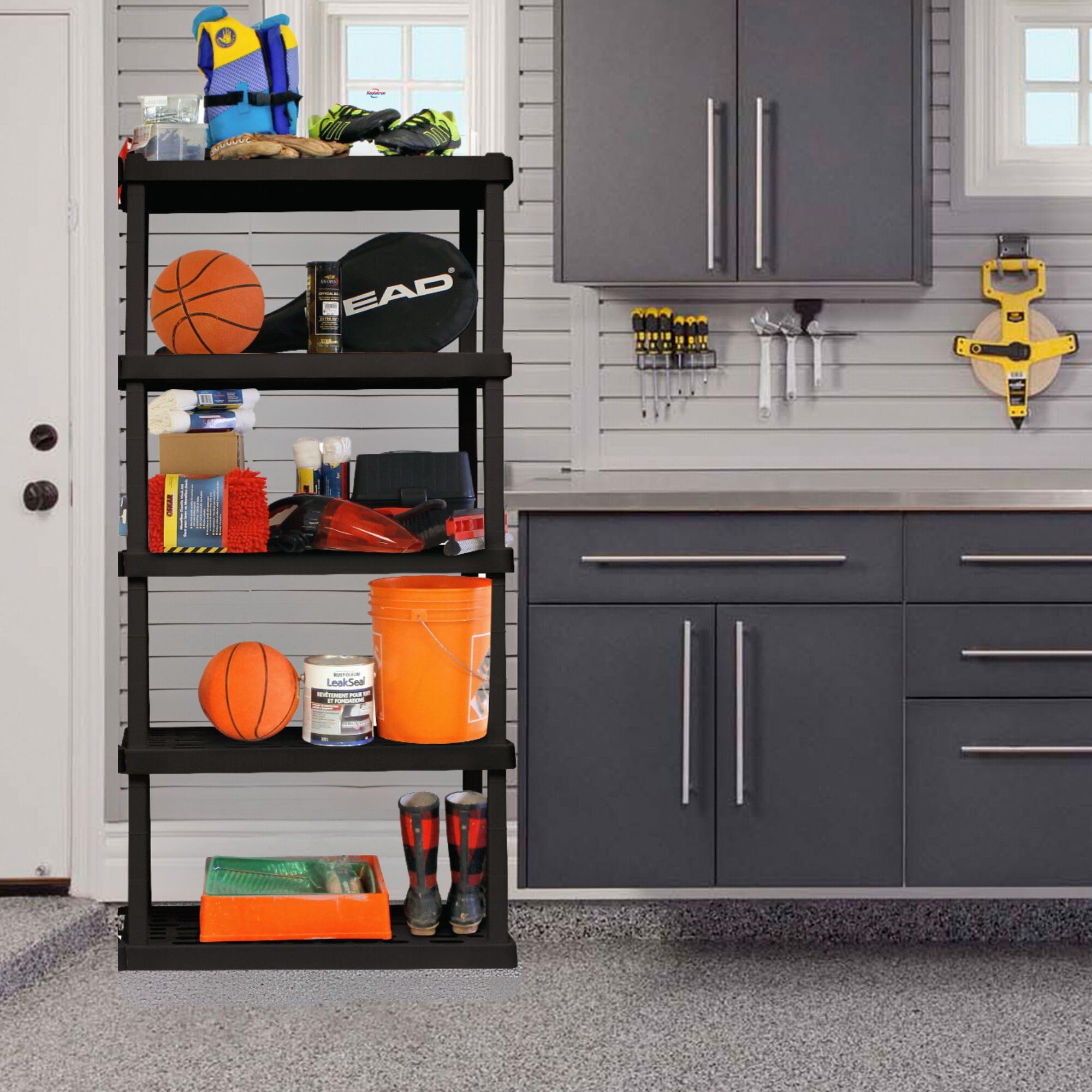 5-Tier Heavy Duty Plastic Storage Shelf - Garage Shelving Unit with Durable Rack & Organizer for Shed, Basement, Closet - Perfect for Home, Office & Workshop Organization (Black)