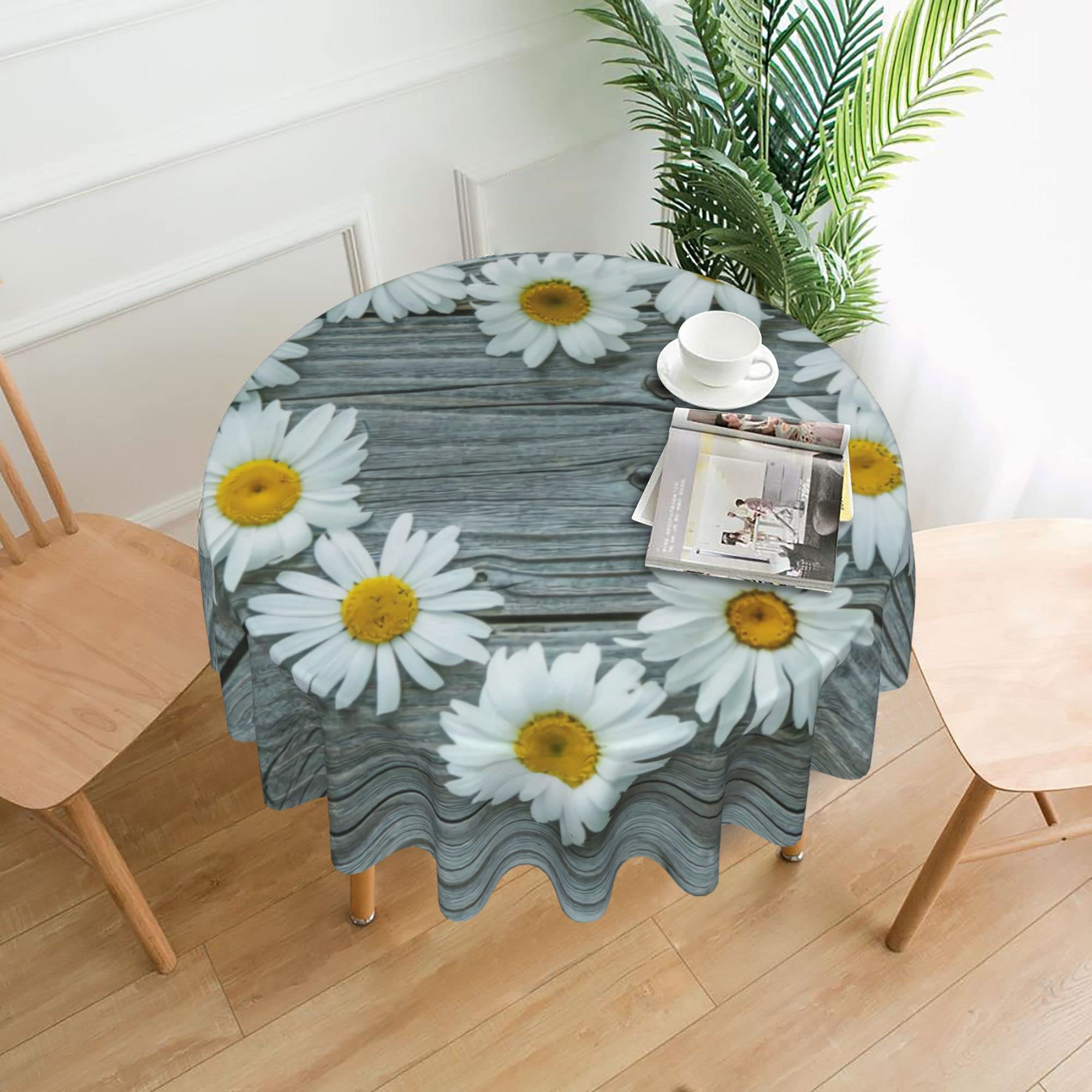 Vintage Floral Round Tablecloth - 36 Inch Antique Wooden Look Washable Table Cover with Love Daisies Design for Kitchen Dining, Parties, Weddings & Picnics | Perfect for Farmhouse Decor, Outdoor Events and Special Occasions