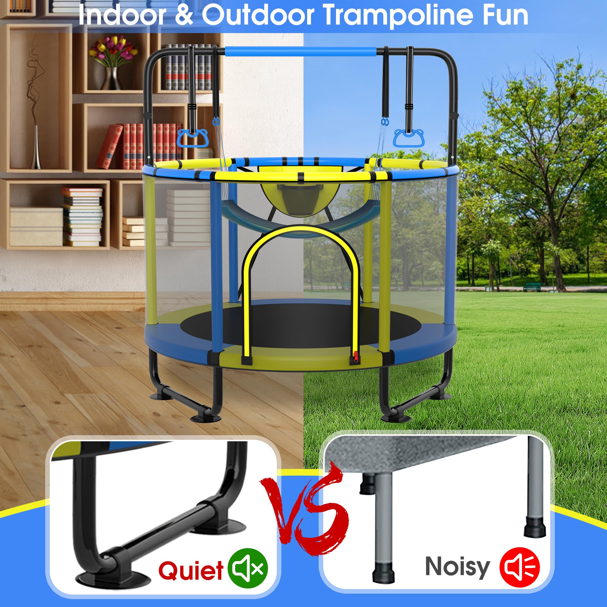 SKYUP 4.5/5/5.5FT Kids Trampoline with Safety Net - 400LBS Capacity Toddler Trampoline Set with Swing, Adjustable Gymnastics Bars & Basketball Hoop - Indoor/Outdoor Mini Trampoline for Boys & Girls Ages 3-8 | Perfect Birthday Gift & Backyard Play Equipment