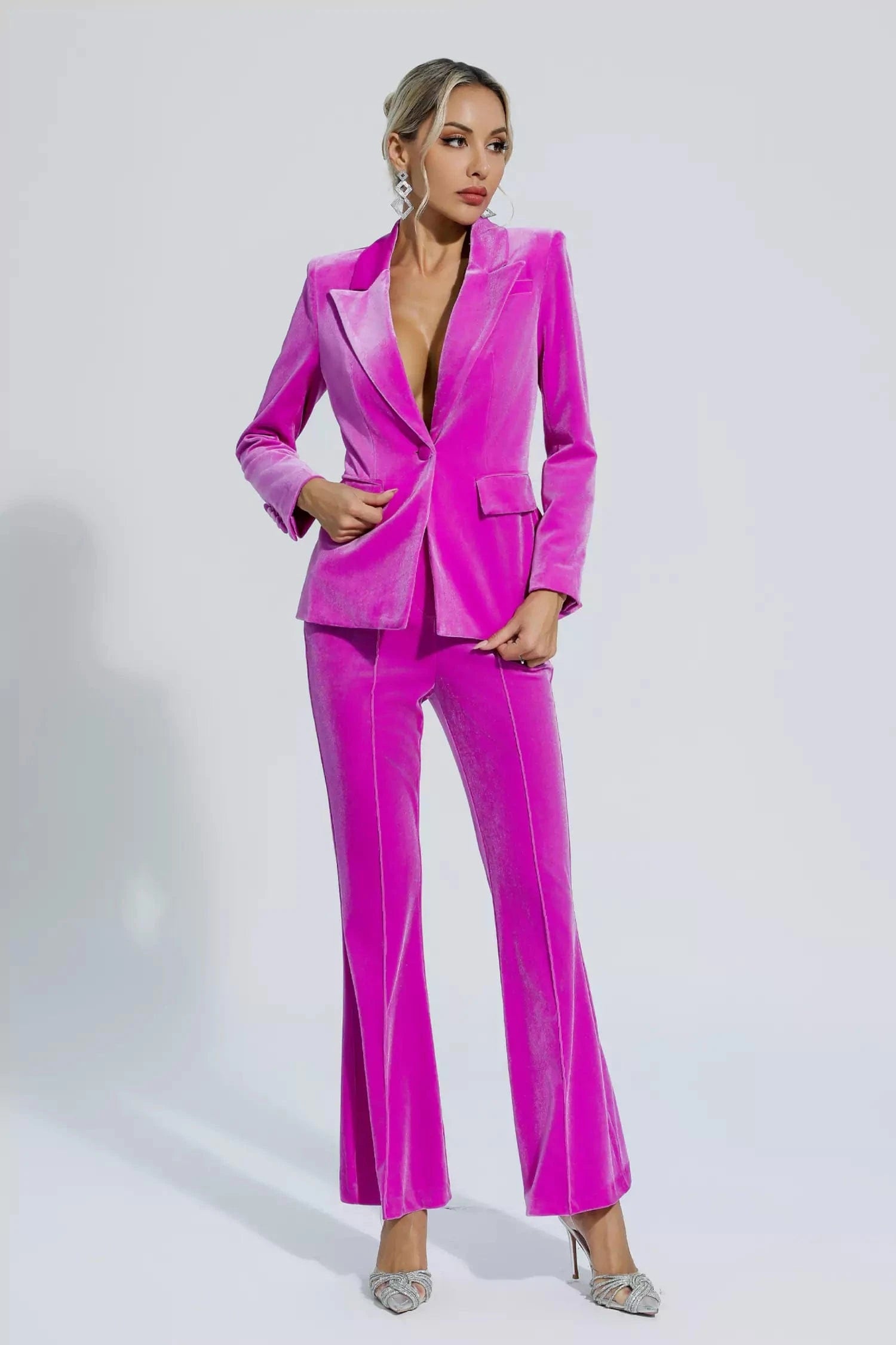 Fuchsia 2-Piece Velvet Single Button Slim Fit Women's Business Suit Set - Perfect for Office Wear, Formal Events & Professional Occasions