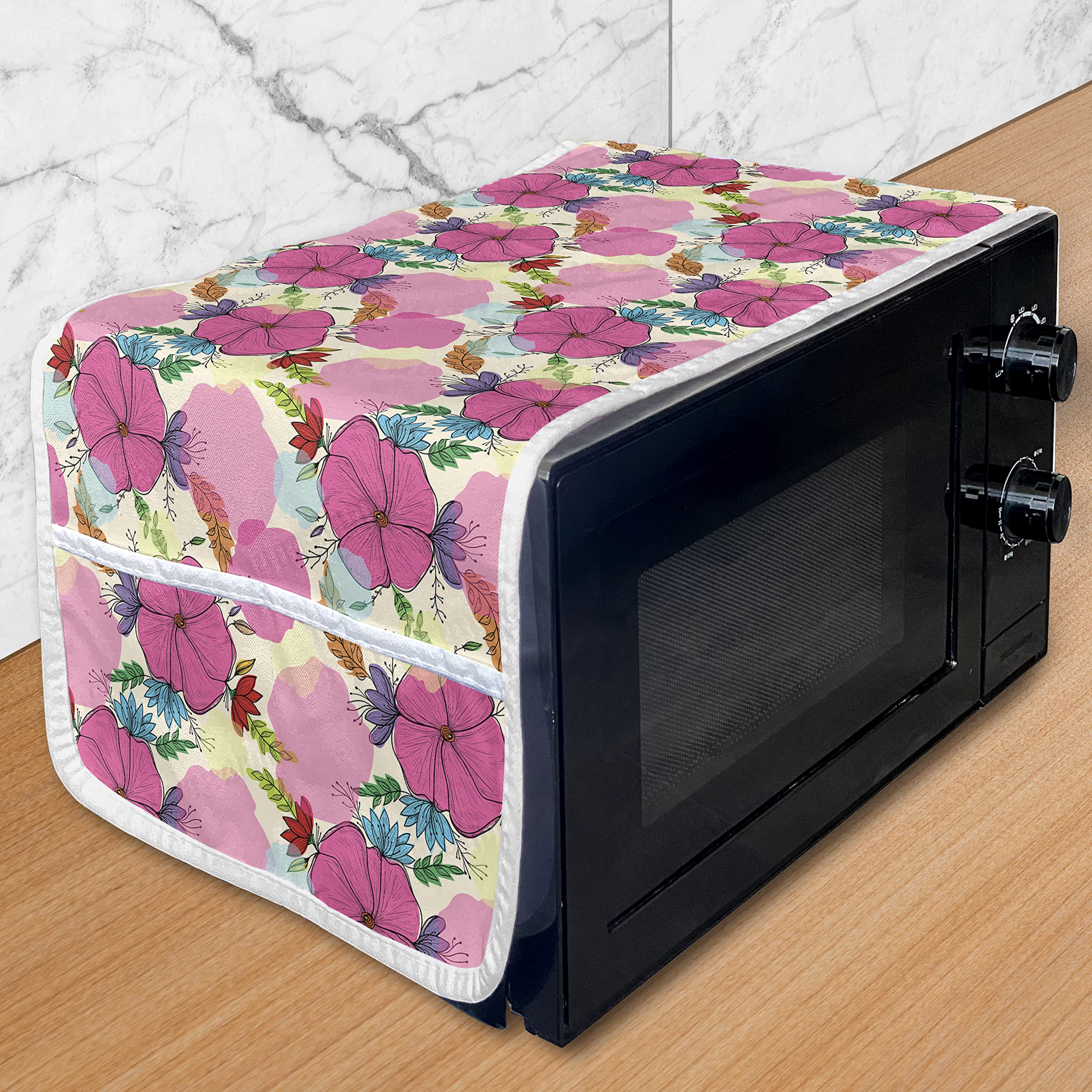 Ambesonne Waterproof Microwave Cover with Pockets - Wildflowers & Colorful Leaves Spring Design - 36