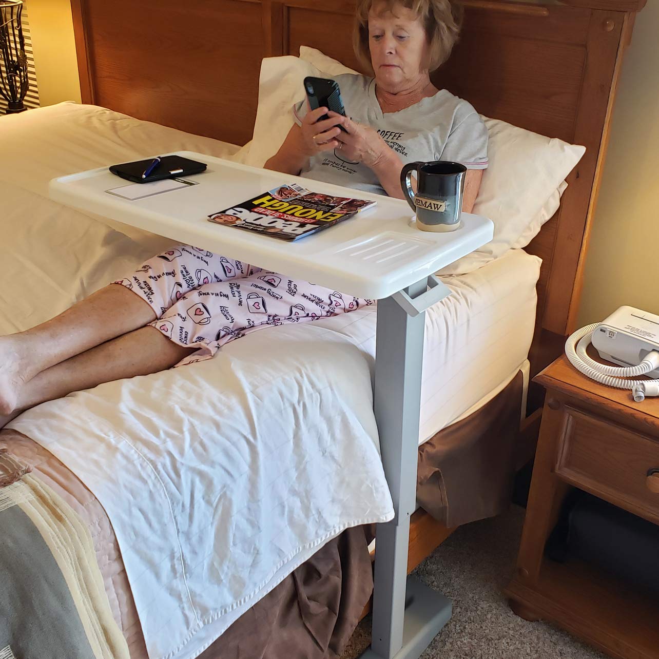 Carex Overbed Table with Wheels - Adjustable Height Hospital Bed Table for Home & Medical Use - Rolling Bedside Desk for Eating, Working, Reading in Bed - Portable Over The Bed Table for Patients & Seniors