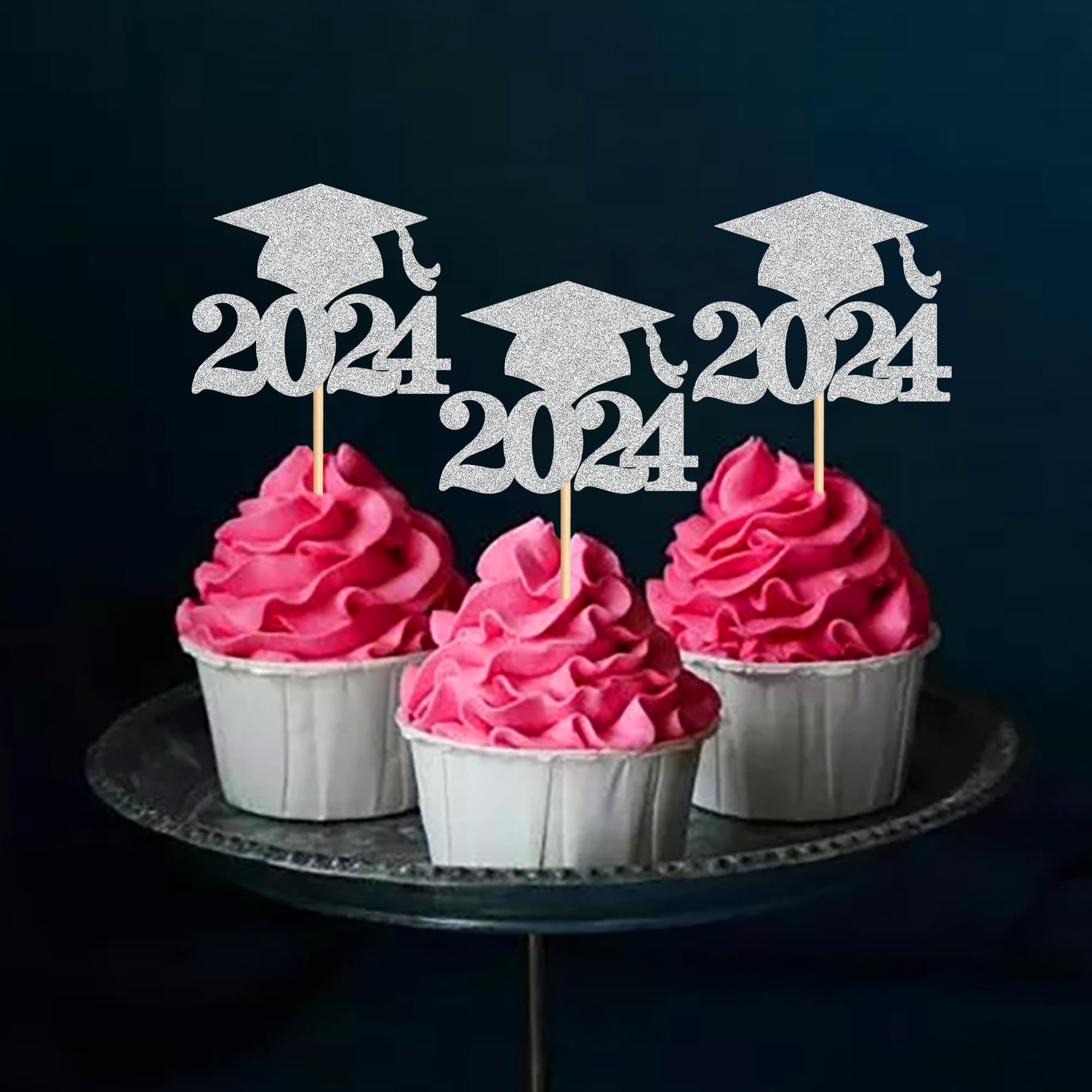 Ercadio 36 Pack 2024 Graduation Cupcake Toppers - Silver Glitter Class of 2024 Cake Decorations for Graduation Party, Birthday & Celebration (Perfect for Cupcakes, Cakes and Desserts)