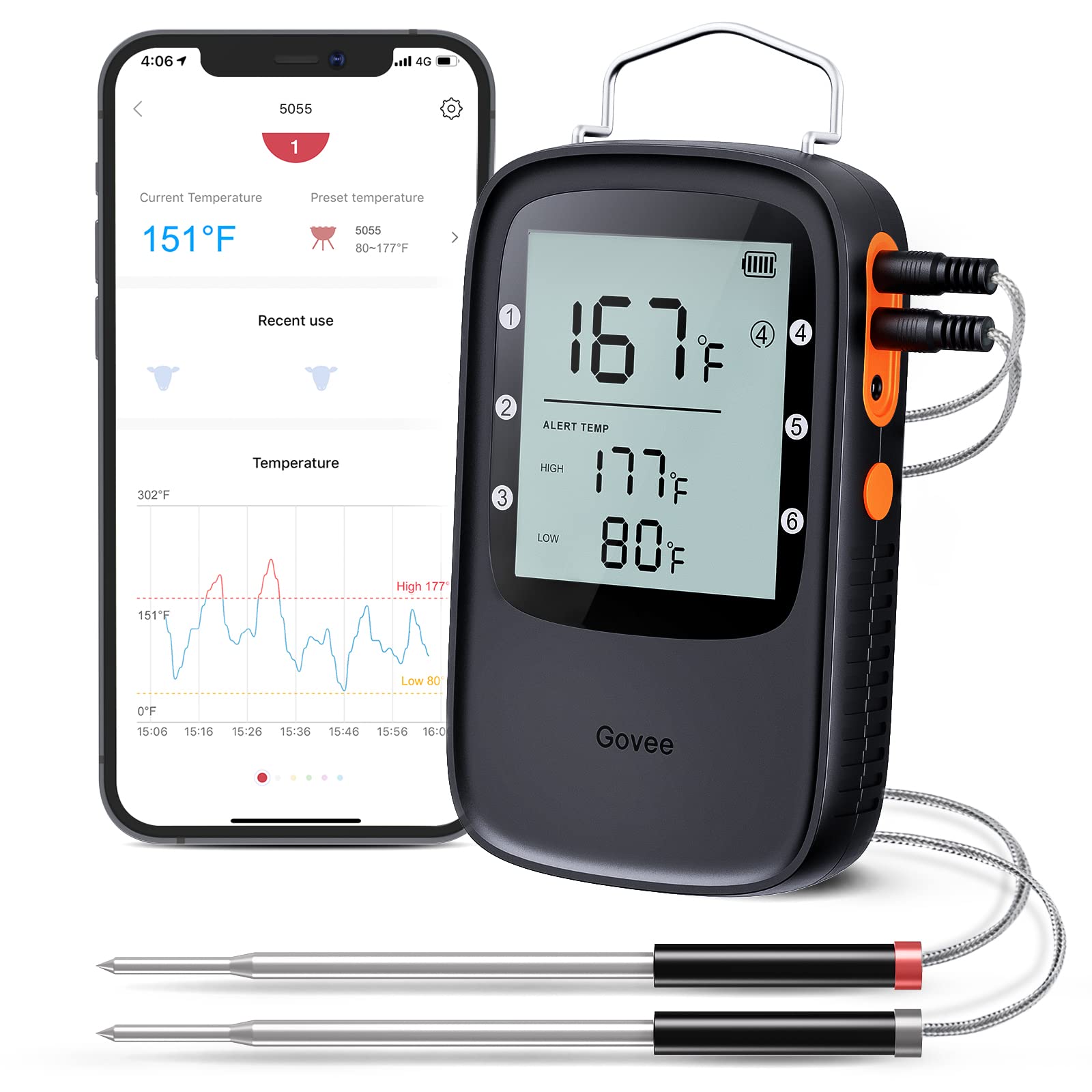 Govee Bluetooth Meat Thermometer with 2 Probes - Wireless Digital Grill Thermometer for Smoker, Oven & BBQ - Smart LCD Backlight & Timer for Cooking Turkey, Fish, Beef - Perfect for Outdoor Grilling, Home Kitchen & Camping