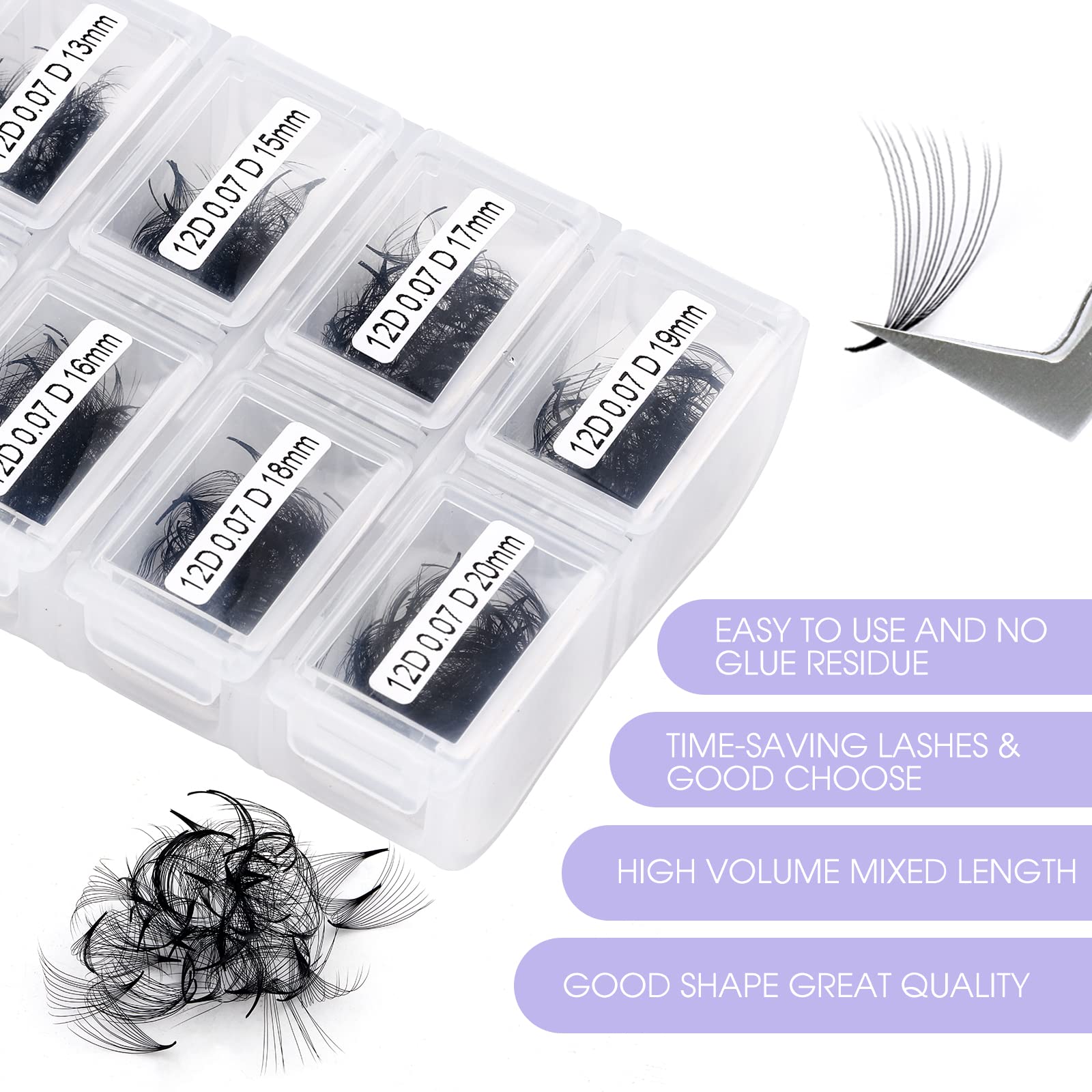 Premium 1200PCS 12D 0.07mm D-Curl Volume Lash Extensions - 9-20mm Mixed Length Premade Fans with Pointed Base for Professional Eyelash Extensions | Perfect for Salon, Bridal, or Everyday Glam Makeup Looks