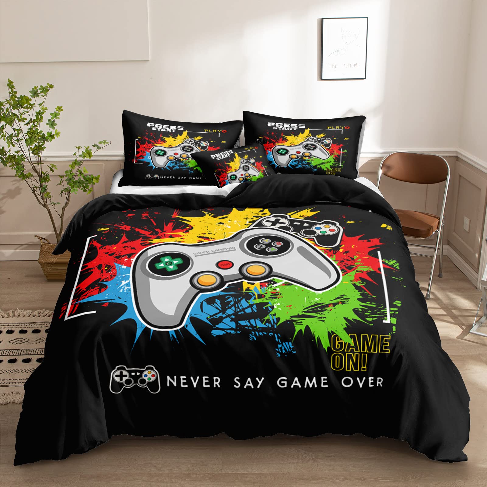 Gamer Bedding Set Queen Size - 3D Printed Video Game Controller Duvet Cover with 2 Pillowcases | Ultra Soft Microfiber Black Gaming Bed Sheets | Perfect for Gamers, Game Rooms & Esports Enthusiasts