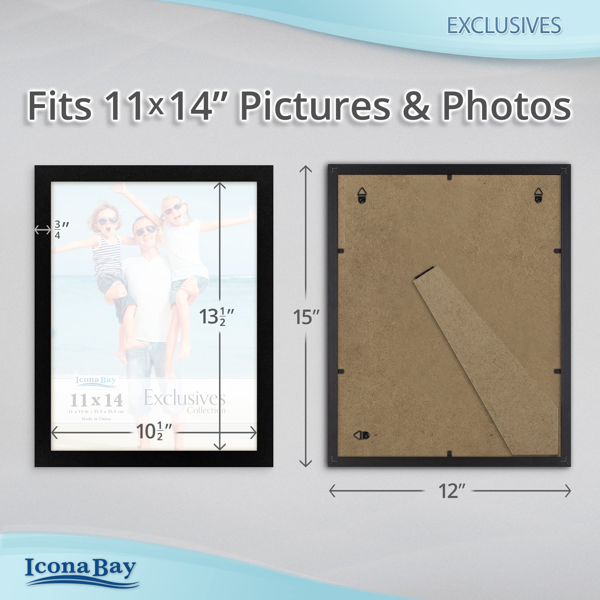Icona Bay 11x14 Picture Frames (Black, 3 Pack) - Premium Wood Composite Photo Frames for Wall or Tabletop Display - Perfect for Family Photos, Artwork, and Home Decor