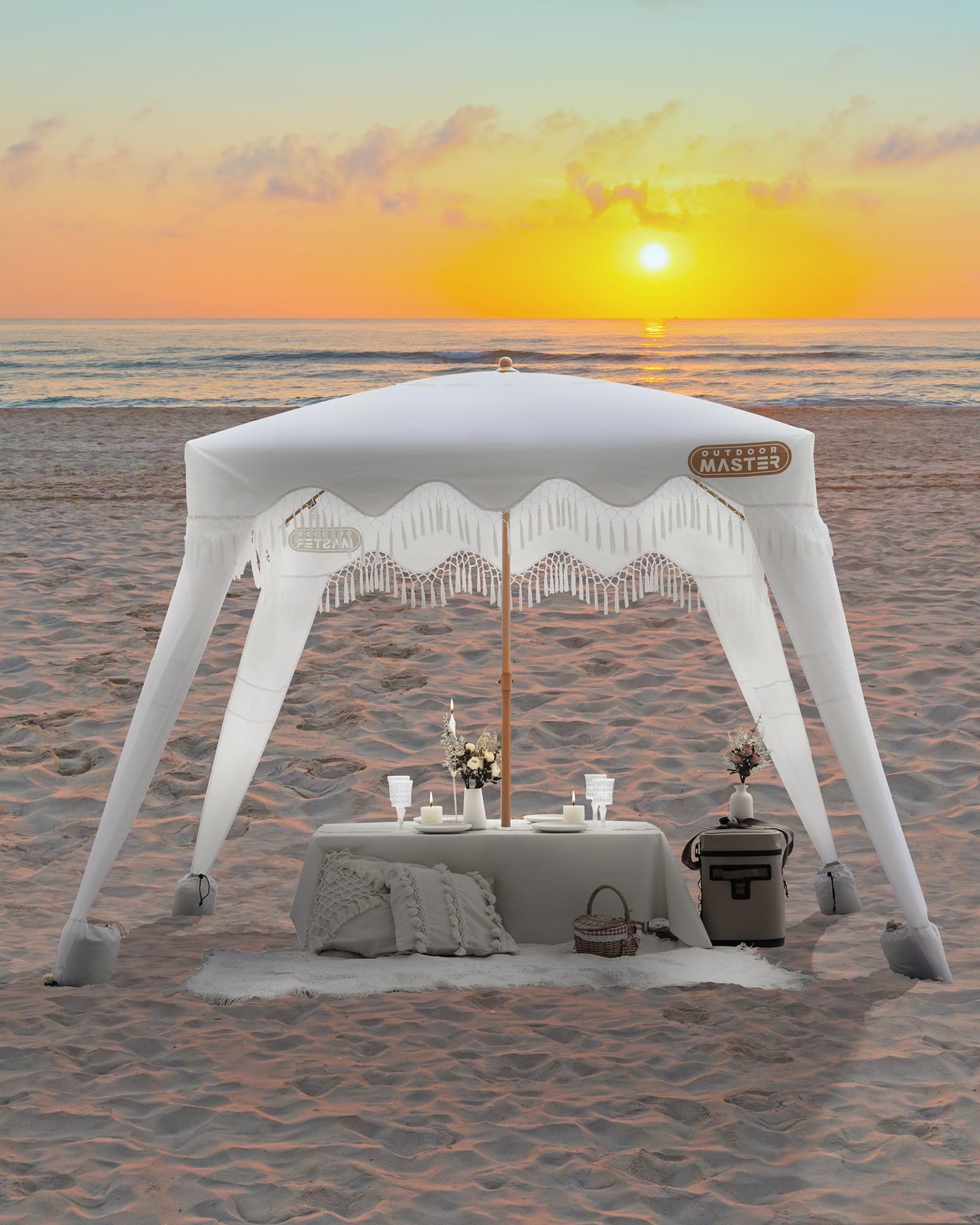 OutdoorMaster 6' x 6' Portable Beach Cabana with Fringe & Side Wall - UPF 50+ UV Protection Sun Canopy for Family, Kids & Friends - Easy Setup Beach Shelter in Romantic White - Perfect for Beach Days, Pool Parties & Outdoor Picnics