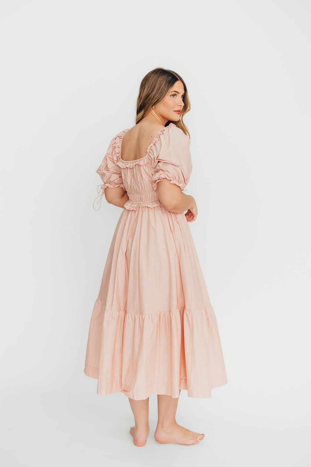 Crissy Ruched Midi Dress - 100% Cotton Bump Friendly Maternity Dress in Dusty Pink | Perfect for Baby Showers, Maternity Photos & Everyday Comfort