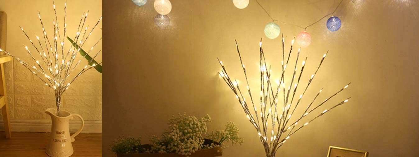 2 Pack LED Lighted Silver Twig Branches - 20 Warm White Battery Powered Decorative Lights for Christmas, Home, Garden, Party & Wedding Decor | Indoor & Outdoor Holiday Decorations